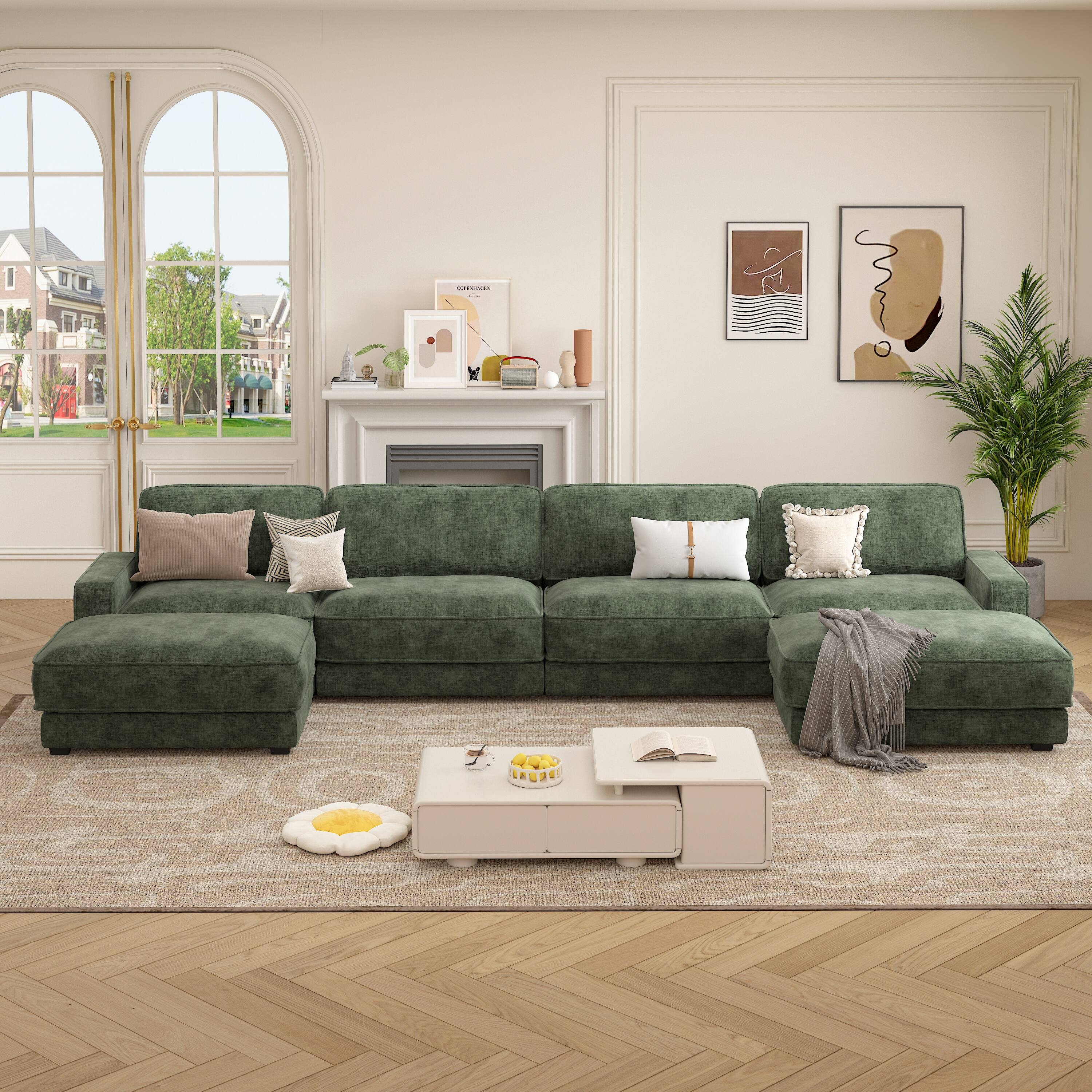 Angle. Dyonery - 159" Oversized L-Shaped Modular Sectional Sleeper Sofa,Green Chenille Modern 6-Seater Sectional Couch - Green.