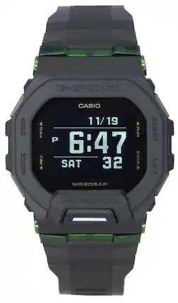 G-SHOCK DISP MODE FWD REV CASIO 1 11/19 RUN P 6:47 SAT 32 BACK WR20BAR START LAP PROTECTION