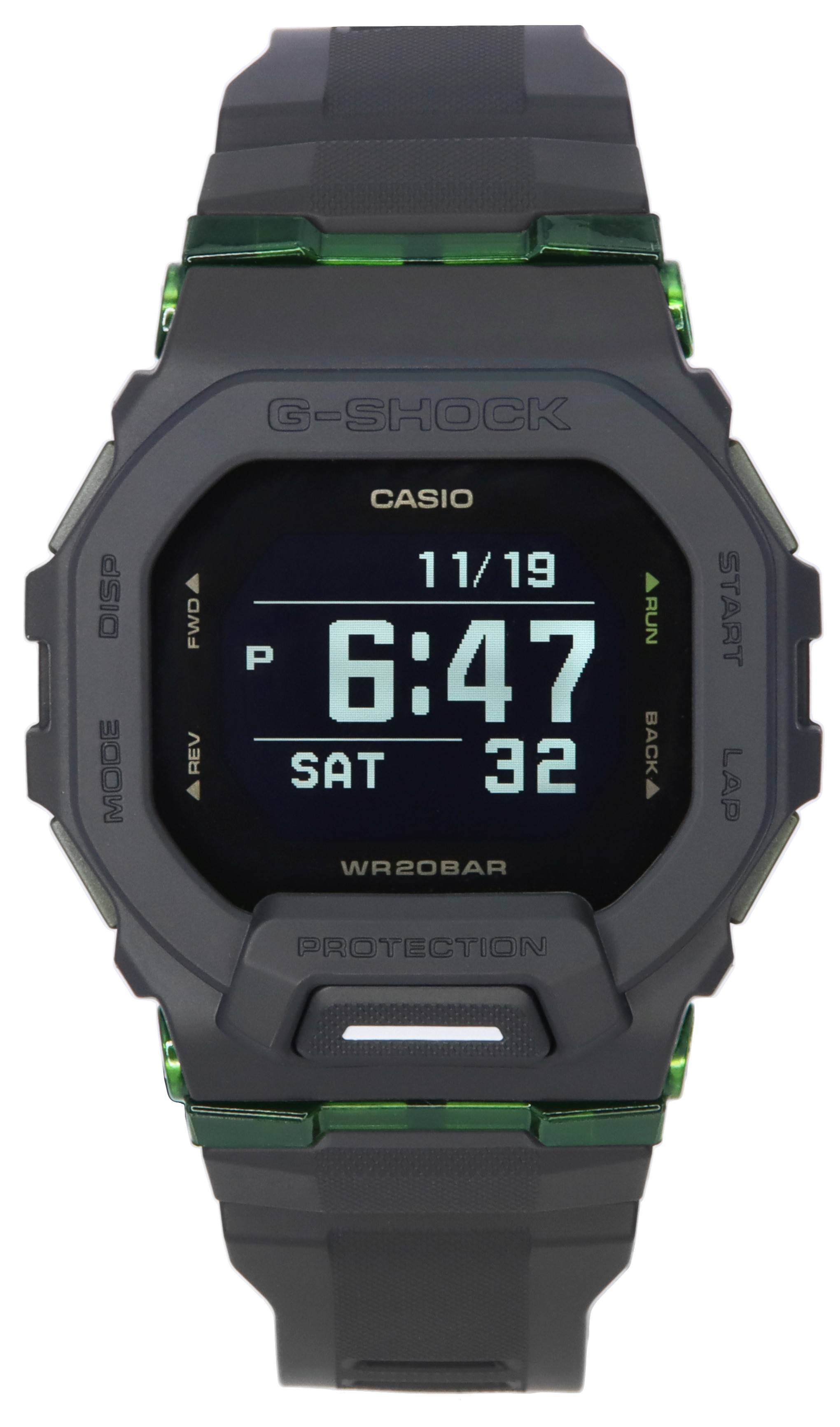 G-SHOCK DISP MODE FWD REV CASIO 1 11/19 RUN P 6:47 SAT 32 BACK WR20BAR START LAP PROTECTION