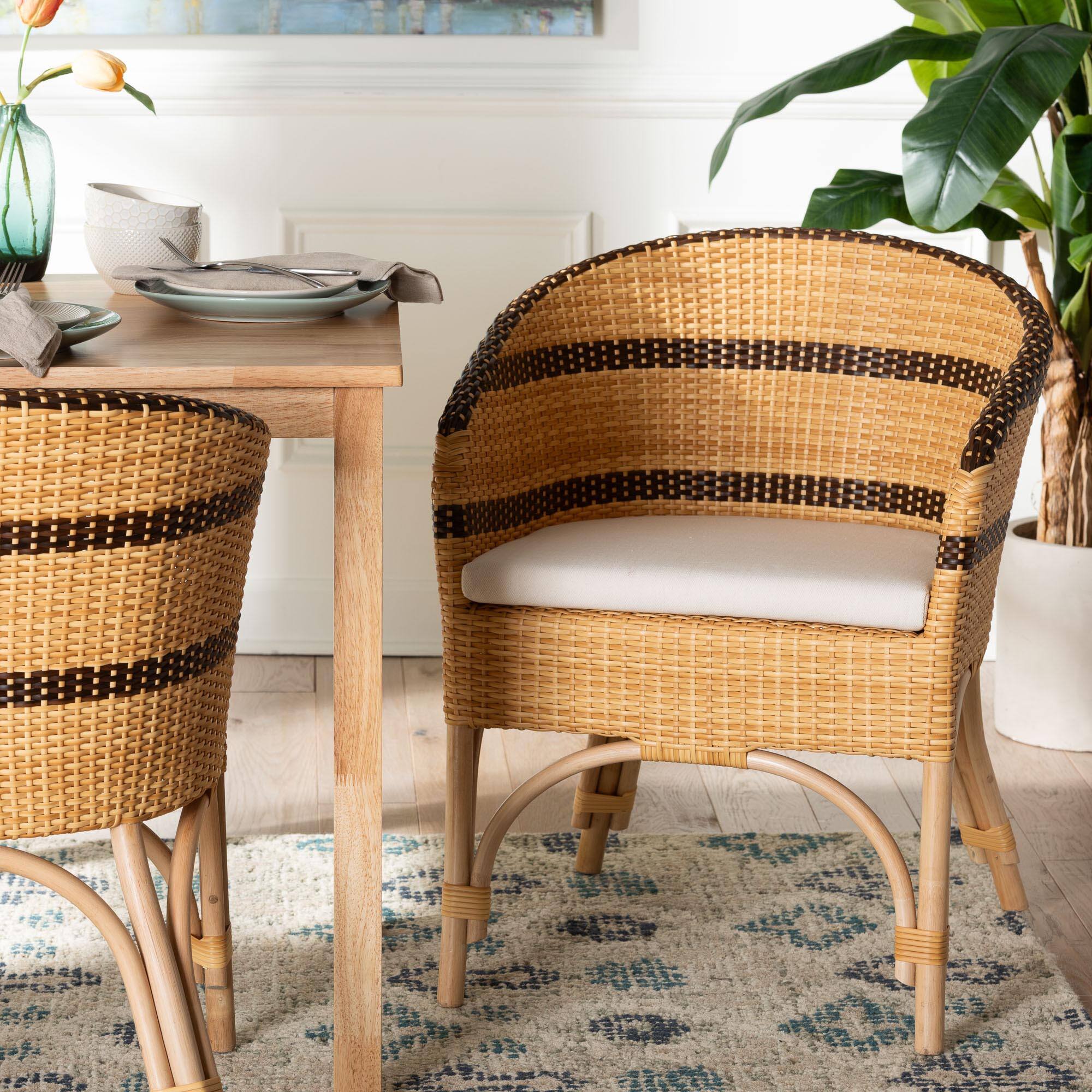 Alt View 4. bali & pari - Elma Rattan Dining Chair with Cushion - Barrel-Back Accent Chair with Synthetic Woven and Natural Rattan Frame - Natural Brown/Dark Brown.