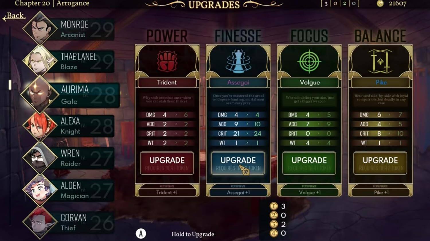 Chapter 20: Arrogance

Back

MONROE Arcanist 29  
THAE'LANEL Blaze 29  
AURIMA Gale 28  
ALEXA Knight 28  
WREN Raider 27  
ALDEN Magician 27  
CORVAN Thief 26

UPGRADES

POWER  
Trident  
- Why stalk mortal men when you can stab them thrice?  
- DMG 4 6  
- ACC 2 2  
- CRIT 2 2  
- WT 2 2  
UPGRADE  
REQUIRES TIER TOKEN 3 0

FINESSE  
Assegai  
- Once you've mastered the art of wild spear hunting, you can stab them thrice!  
- DMG 4 4  
- ACC 9 10  
- CRIT 21 24  
- WT 1 1  
UPGRADE  
REQUIRES TIER TOKEN 2 0

FOCUS  
Volgue Pike  
- Best used side by side with loyal companions. When doubting your aim, just get a bigger weapon.  
- DMG 4 5  
- ACC 7 9  
- CR