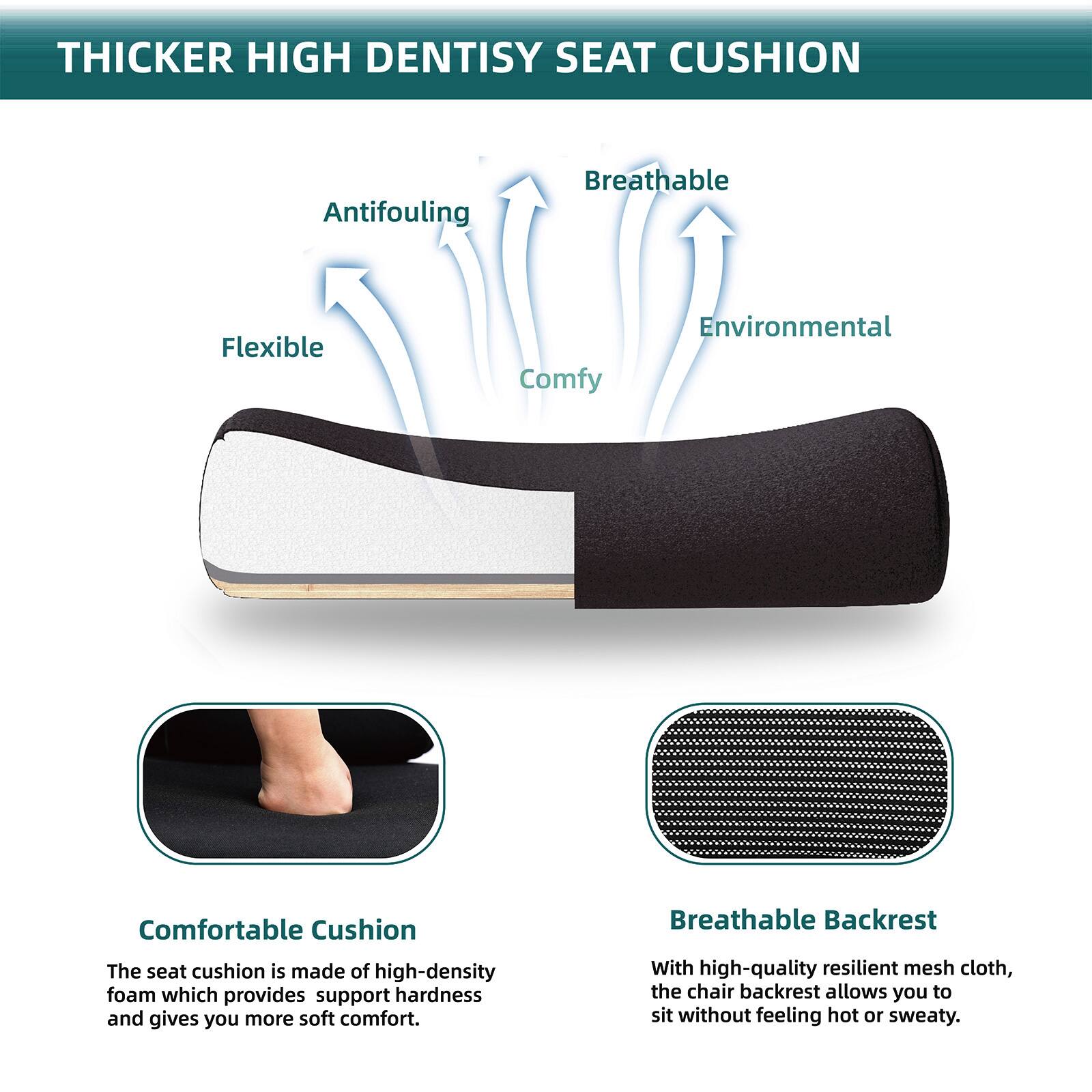 **THICKER HIGH DENSITY SEAT CUSHION**

- **Antifouling**
- **Breathable**
- **Flexible**
- **Comfy**
- **Environmental**

**Comfortable Cushion**
The seat cushion is made of high-density foam which provides support hardness and gives you more soft comfort.

**Breathable Backrest**
With high-quality resilient mesh cloth, the chair backrest allows you to sit without feeling hot or sweaty.