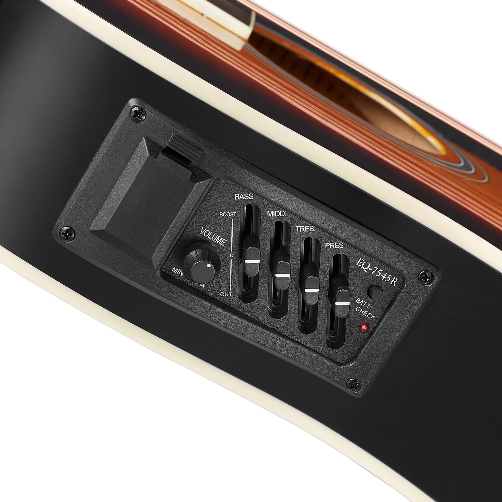 BASS BOOST VOLUME 0 MIN CUT MIDD TREB PRES EQ-7545R 2 BATT CHECK