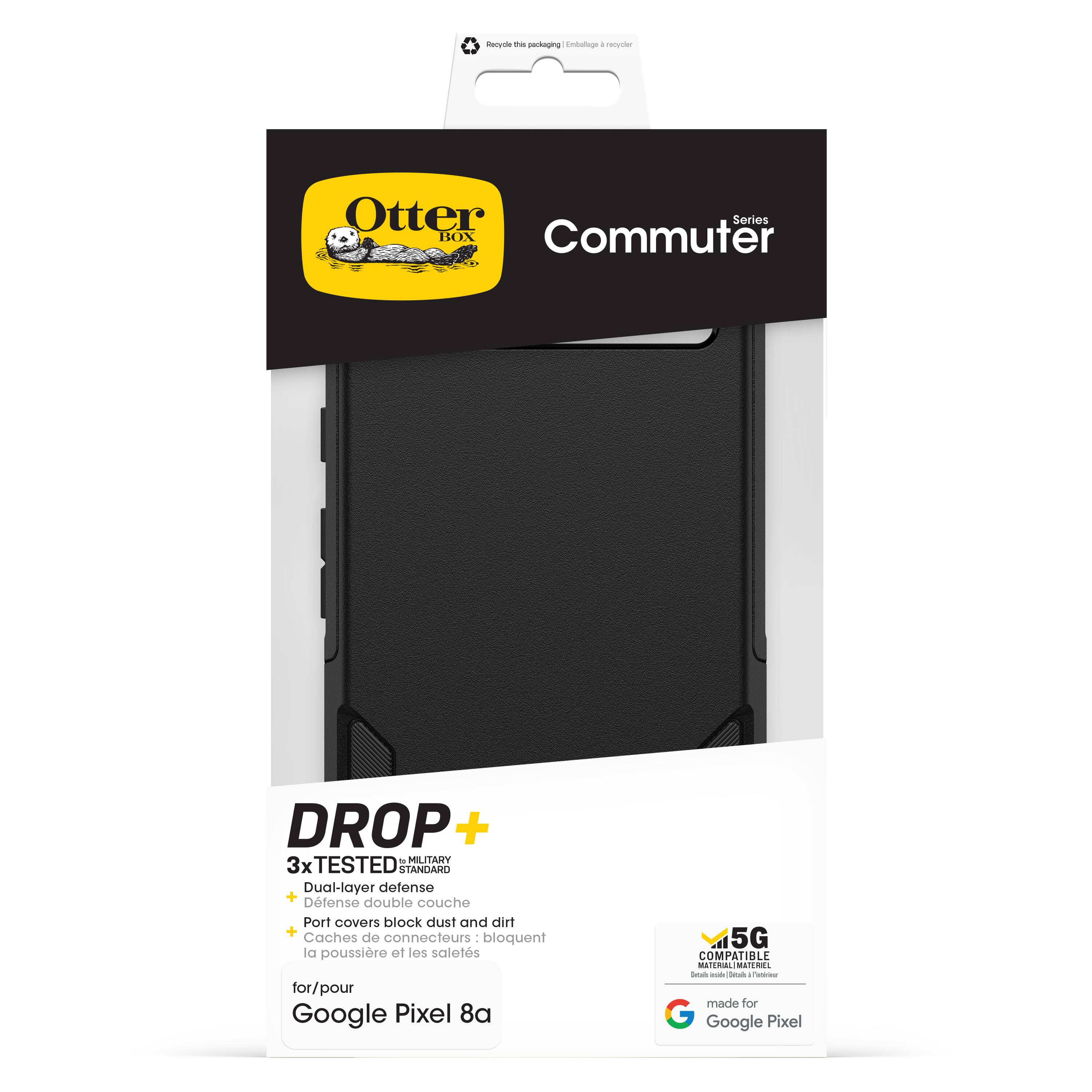 The text on the image reads: "Recyclable - eco-friendly Otter Series BOX Commuter DROP + - MIL MILITARY 3x TESTED TANDARO Dual-layer defense + Dlense double couche Port covers block dust and diri + Caches de connecteurs I bloquent la poussire of los salets for/pour Google Pixel 8a 5G COMPATIBLE TERAL MAEm doad - - - made for G Google Pixel."