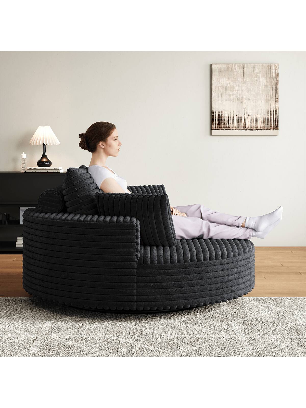 Alt View 1. Trinkets Crazed - 55" L Oversized Swivel Chair, Upholstered Corduroy Comfy Accent Chaise Lounge Sofa Chair - Black.