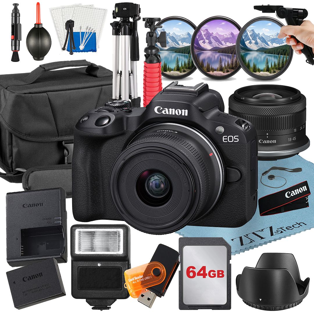 Bundle - Canon - EOS R50 Mirrorless Camera with 18-45mm Lens + 64GB Card + Case + ZeeTech - Black