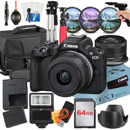 Canon - EOS R50 Mirrorless Camera with 18-45mm Lens + 64GB Card + Case + ZeeTech Bundle - Black