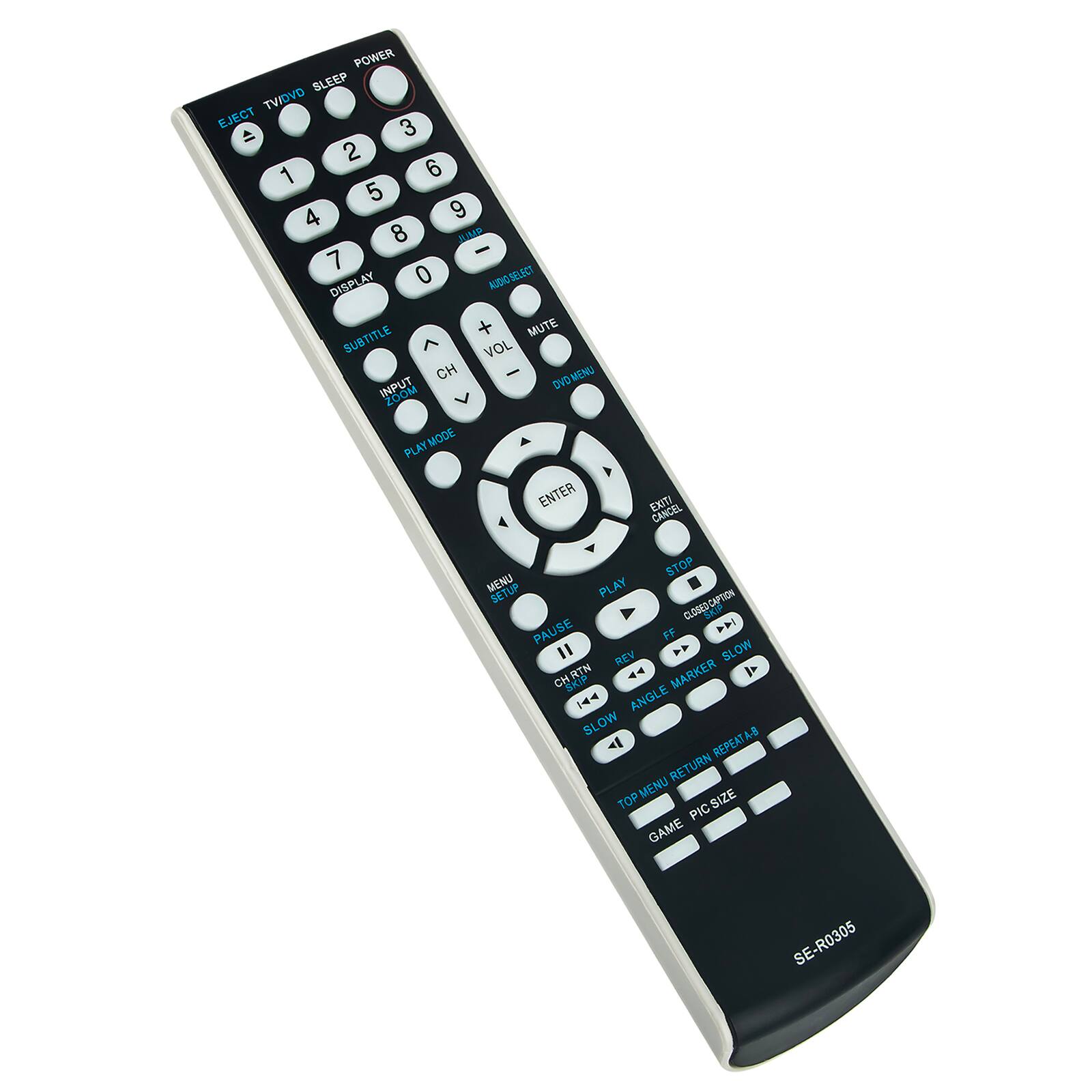 POWER SLEEP TV/DVD EJECT 3 2 1 6 5 4 9 8 BIMP - 7 DISPLAY 0 AUDICSELECT + MUTE SUBTITLE ^ VOL CH MENU DVD ZOOM MODE PLAY ENTER EXITI CANCEL STOP MENU SETUP PLAY CLOREOCAPTION SKP PAUBE FF "  SLOW AEV CHRTN 4 MARKER  SKIP 144 ANGLE SLOW < REPEATA-B RETURN MENU SIZE TOP PIC GAME SE-R0305
