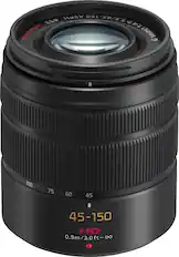 Front. Panasonic - Lumix G Vario 45-150mm f/4.0-5.6 ASPH. Mega O.I.S. Zoom Lens, H-FS45150K - Black.