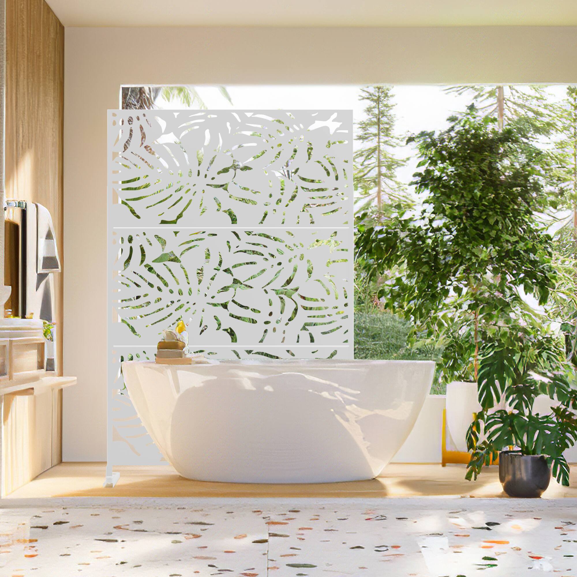 Alt View 1. PexFix - 72 in. x 47 in. Summer Pattern Metal Outdoor Privacy Screen & Panels, Freestanding Garden Divider Fence - White.