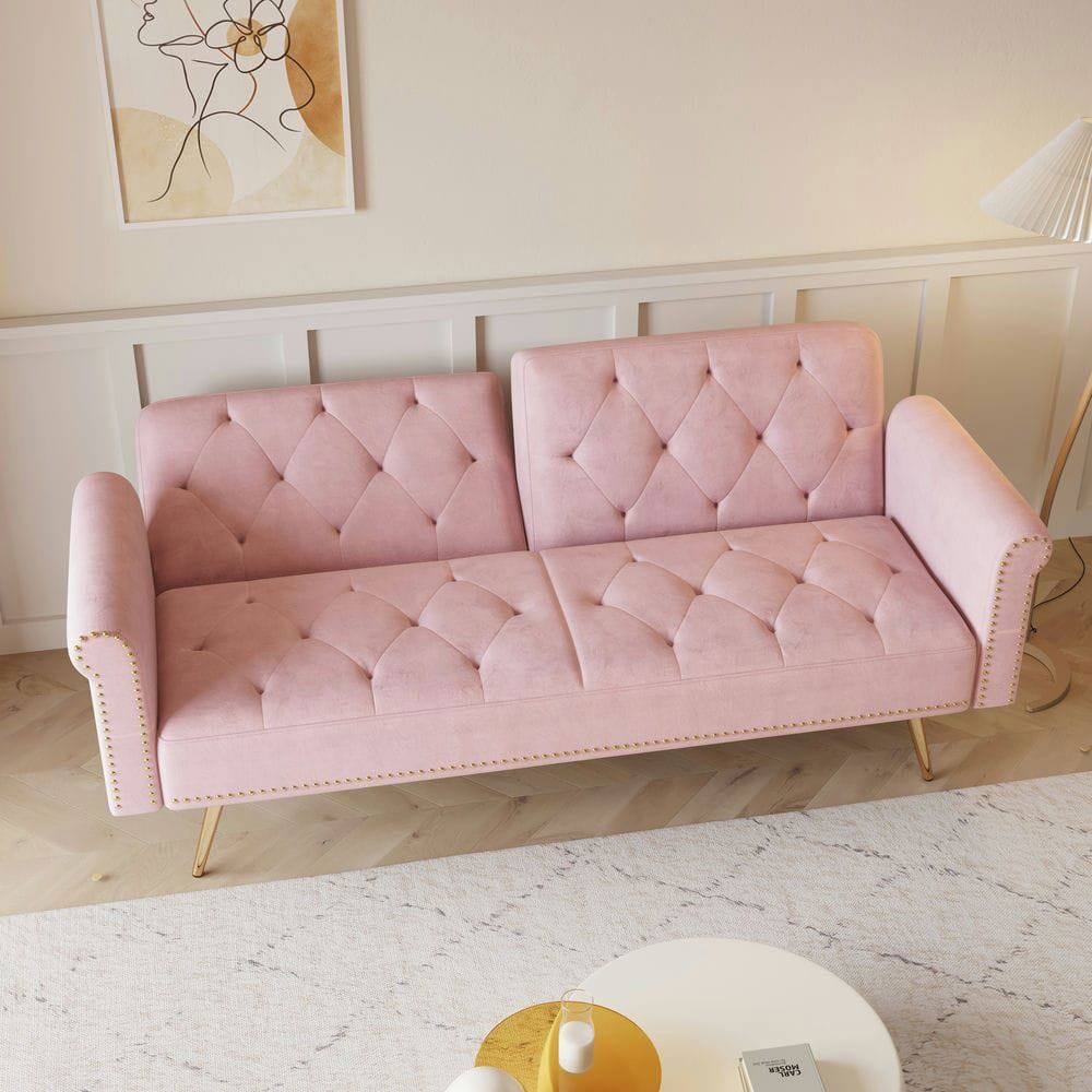 Alt View 7. Kadyn - 69.7" Velvet Sofa Bed with Nail Head Trim & Matching Throw Pillow - Pink.