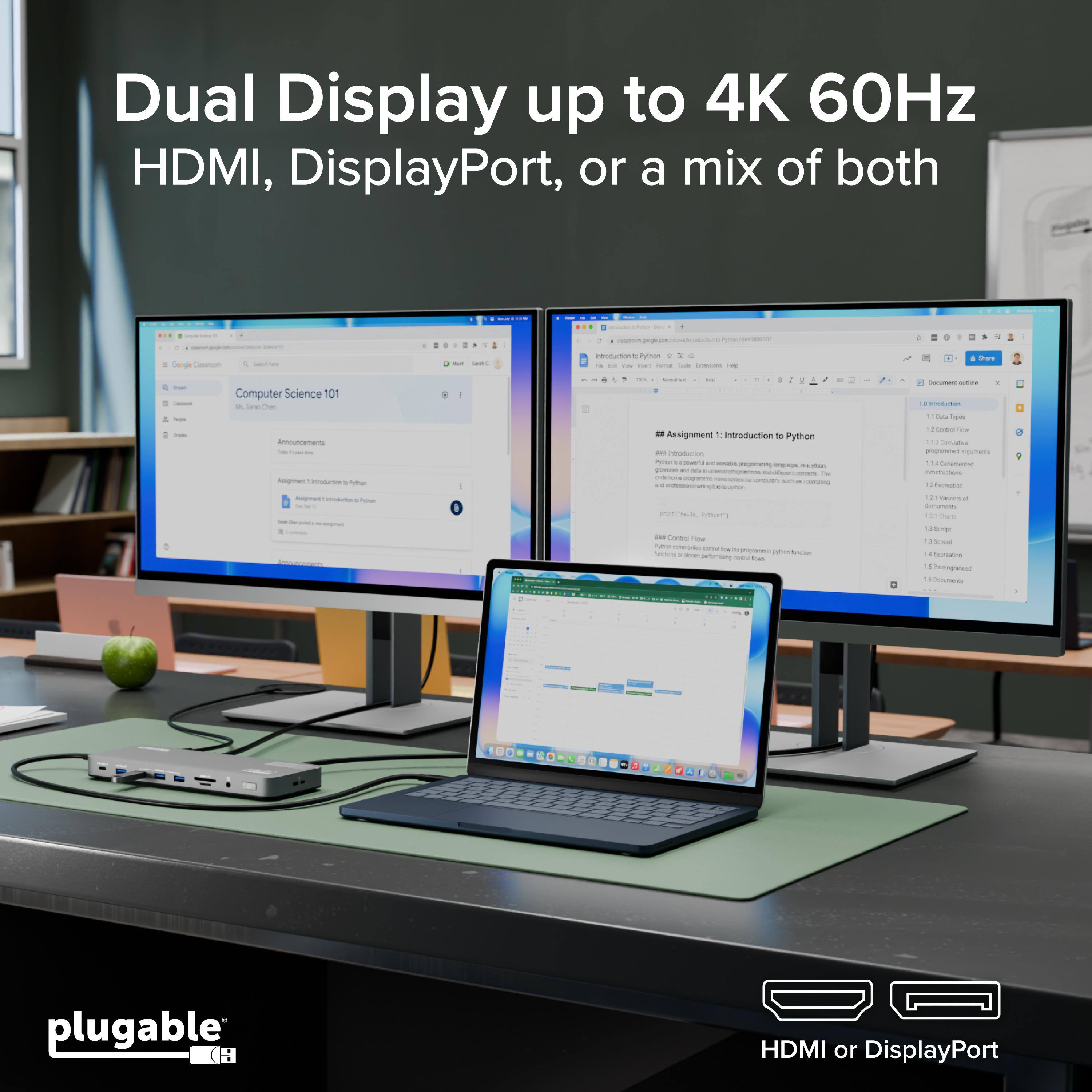 Dual Display up to 4K 60Hz HDMI, DisplayPort, or a mix of both

Computer Science 101

Assignment 1: Introduction to Python

plugable

HDMI or DisplayPort