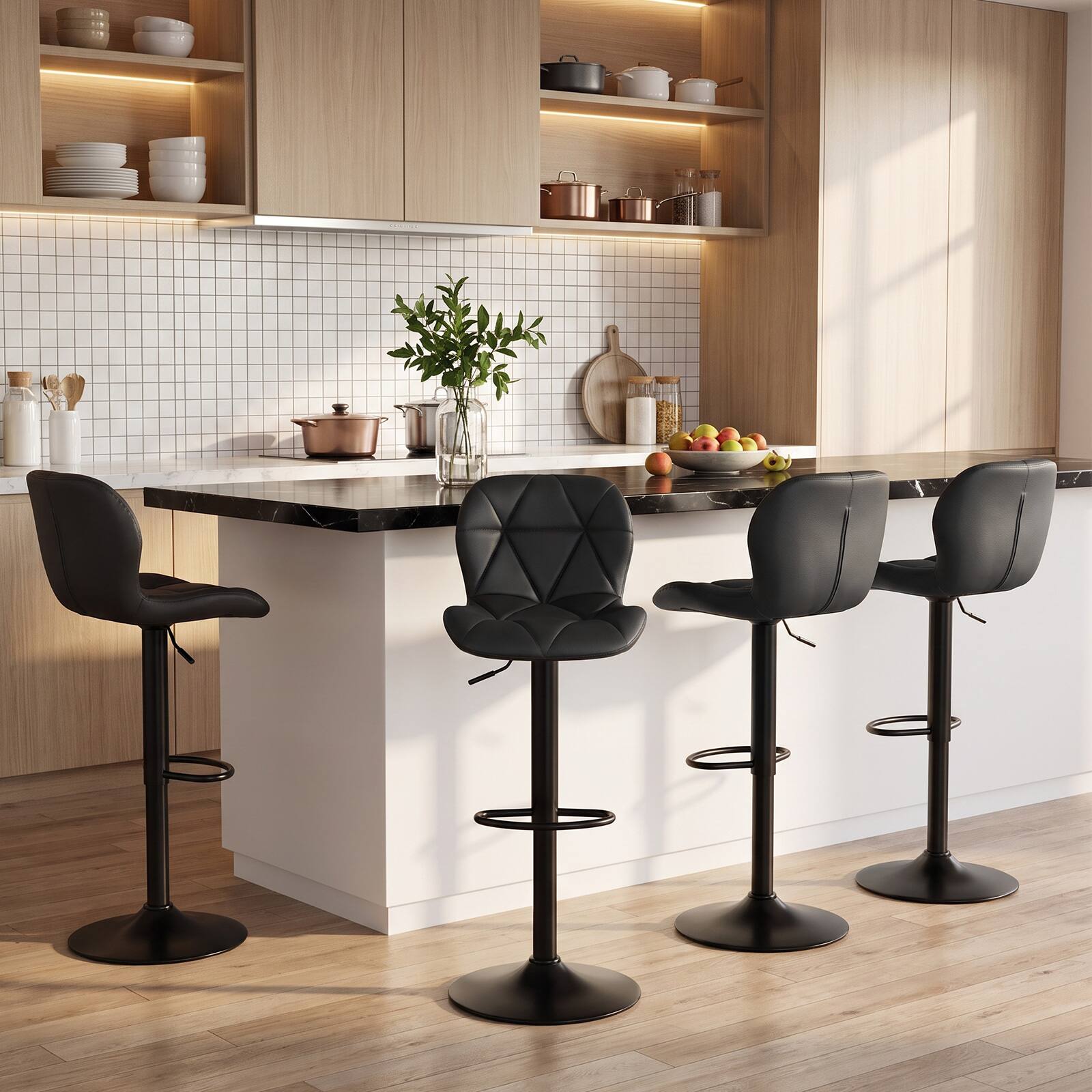 Alt View 1. Gymax - Gymax 4PCS Upholstered Swivel Bar Stools w/Adjustable Height Curved Backs Footrests Black - Black.