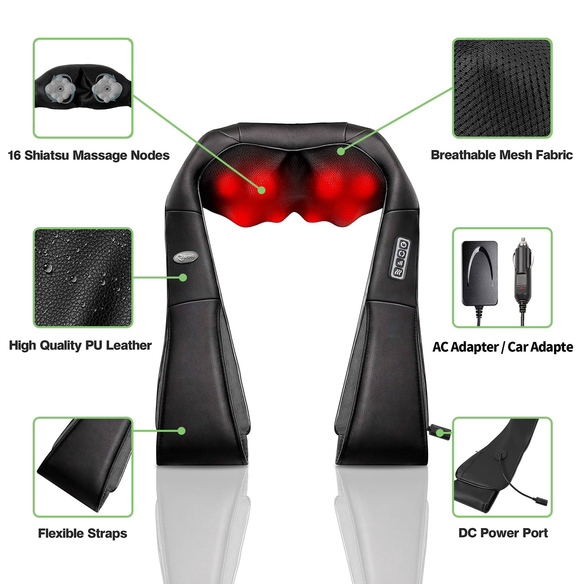 16 Shiatsu Massage Nodes  
Breathable Mesh Fabric  
High Quality PU Leather  
Flexible Straps  
AC Adapter / Car Adapter  
DC Power Port