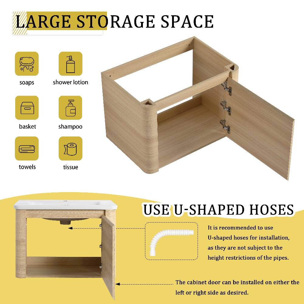 LARGE STORAGE SPACE

- soaps
- shower lotion
- basket
- shampoo
- towels
- tissue

USE U-SHAPED HOSES

It is recommended to use U-shaped hoses for installation, as they are not subject to the height restrictions of the pipes.

The cabinet door can be installed on either the left or right side as desired.
