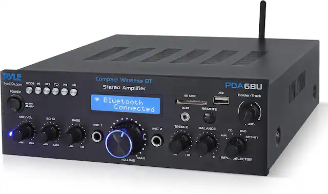 PYLE
PyleUSA.com
Compact Wireless BT Stereo Amplifier
PDA6BU
Bluetooth Connected
MODE
ID3
MIC/VOL
ECHO
BASS
MIC 1
MIC 2
TREBLE
BALANCE
VOLUME
USB
Folder/Track
AUX
REMOTE
CO
DVD
MP3/BT
INPUT SELECTOR
50 MMC
MIC/VOL MIN MAX
ECHO MIN MAX
BASS -10 +10
TREBLE -10 +10
BALANCE L R
POWER ON OFF
VOLUME MAX
MIC 1
MIC 2
AUX
REMOTE
CO
DVD
MP3/BT
INPUT SELECTOR