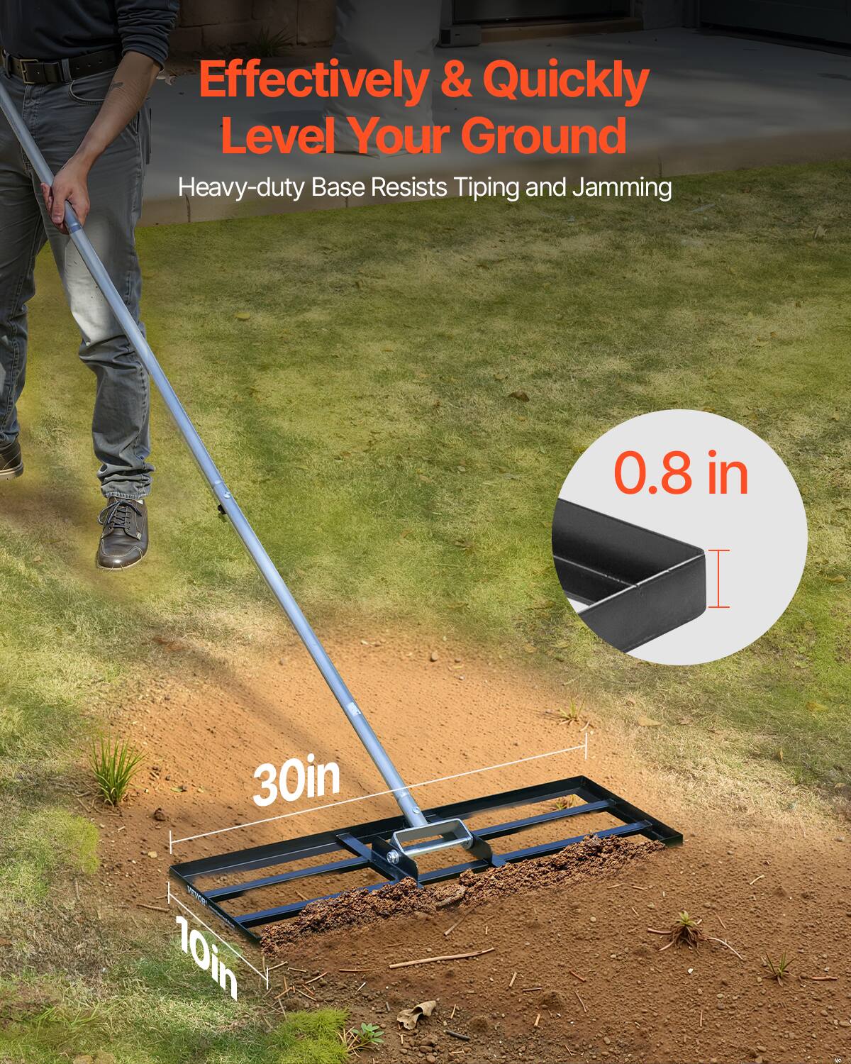 Effectively & Quickly Level Your Ground  
Heavy-duty Base Resists Tipping and Jamming  

0.8 in  
30in  
10in