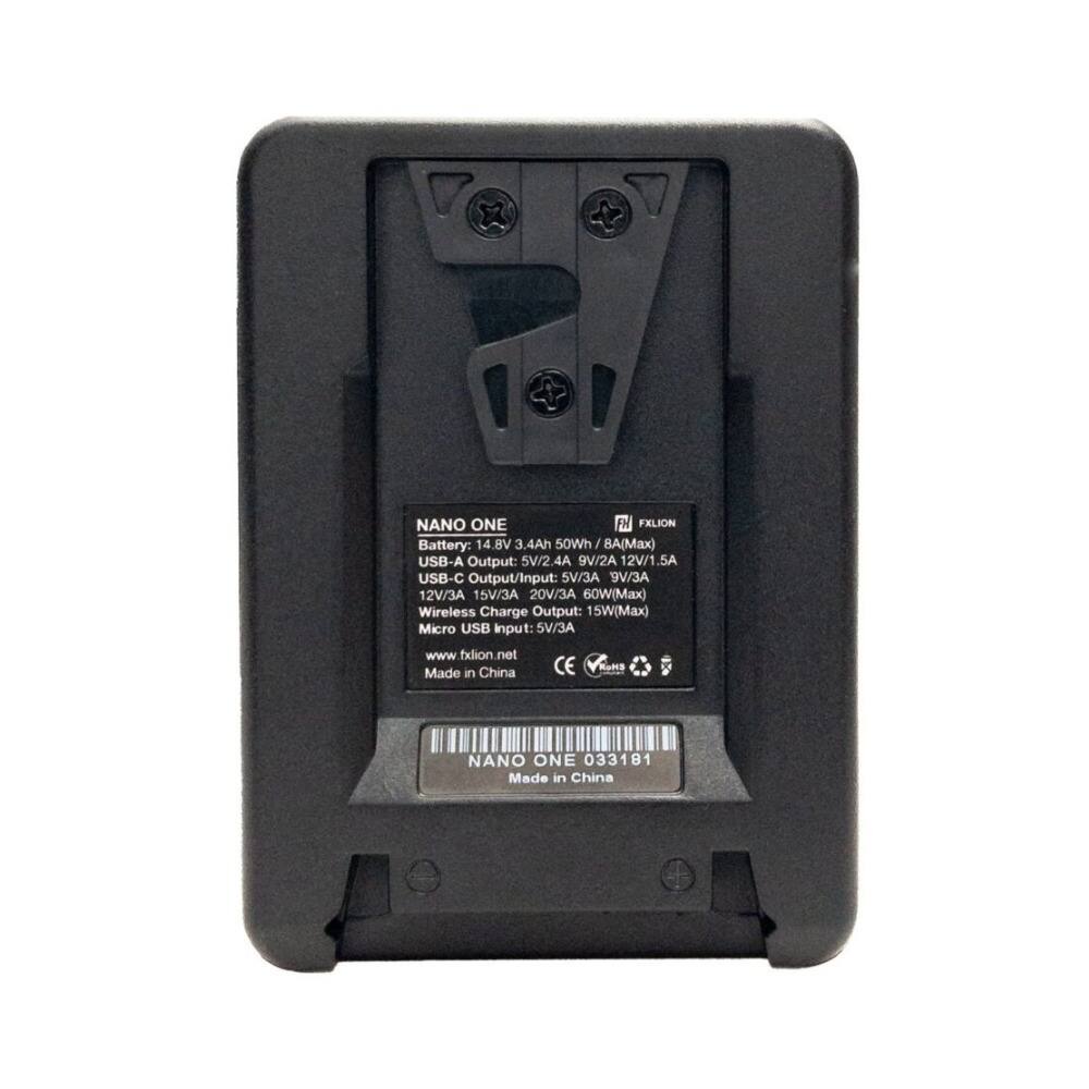 NANO ONE FN FELION  
Battery: 14.8 V 3.4Ah 50Wh (8A Max)  
USB-A Output: 5V/2.4A 9V/2A 12V/1.5A  
USB-C Output/Input: 5V/3A 9V/3A 12V/3A 15V/3A 20V/3A (60W Max)  
Wireless Charge Output: 15W (Max)  
Micro USB Input: 5V/3A  
www.txlion.net  
Made in China  
CE  
V  
KNS  
NANO ONE 033181  
Made in China