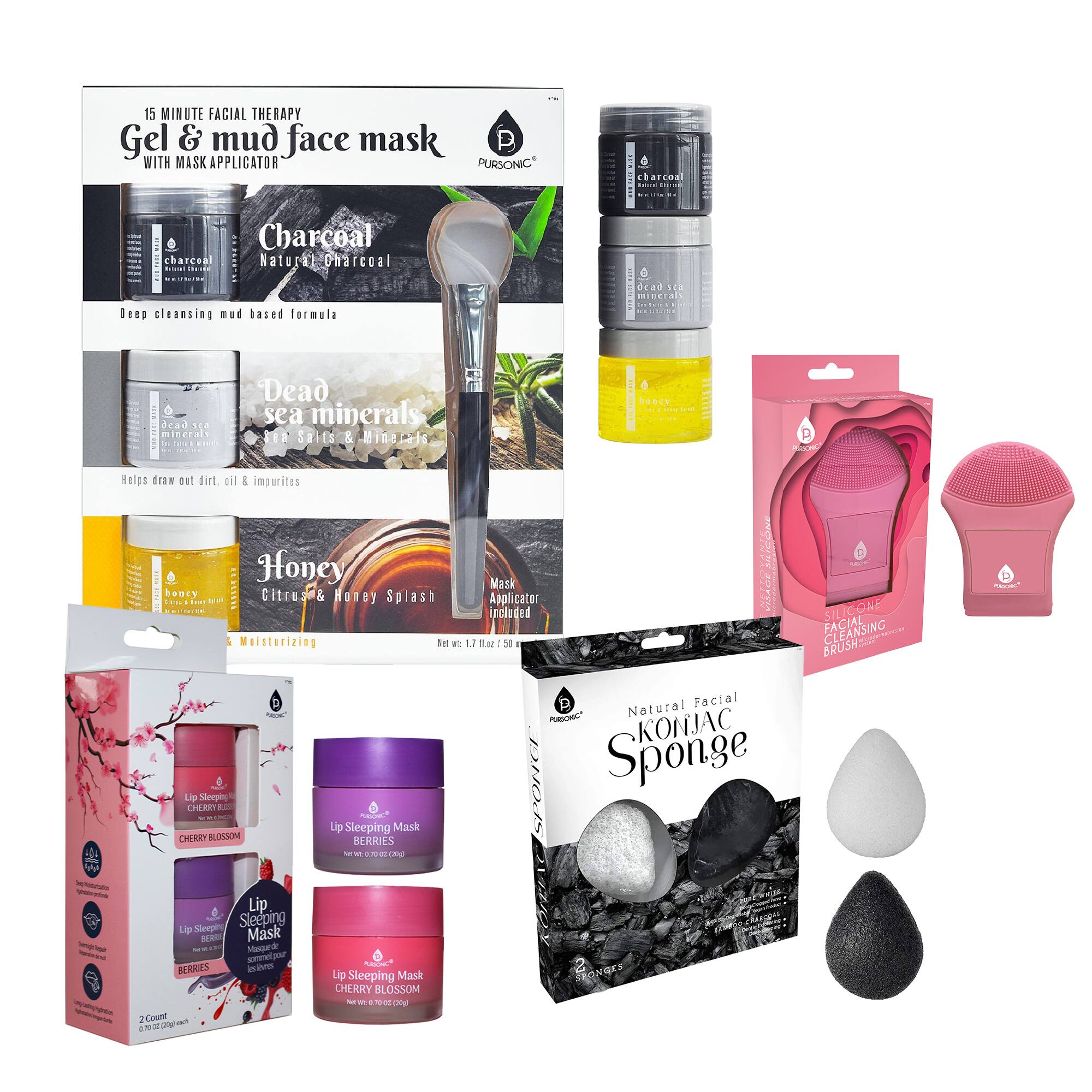 15 MINUTE FACIAL THERAPY  
Gel & mud face mask  
WITH MASK APPLICATOR  

Charcoal  
Natural Charcoal  
Deep cleansing mud based formula  

Dead sea minerals  
Helps draw out dirt, oil & impurities  

Honey  
Citrus & Honey Splash  
& Moisturizing  

Natural Facial  
KONJAC Sponge  

Lip Sleeping Mask  
CHERRY BLOSSOM  
2 Count  
Net Wt. 0.7 OZ (20g)  

Lip Sleeping Mask  
CHERRY BLOSSOM  
Net Wt. 0.7 OZ (20g)  

Silicone Cleansing Brush  

PURSONIC