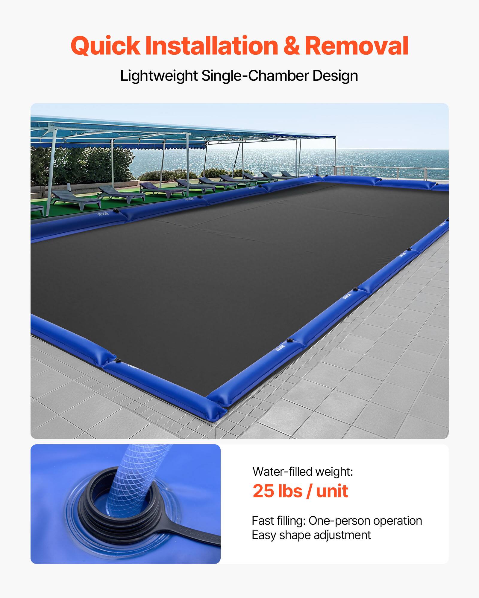 Quick Installation & Removal  
Lightweight Single-Chamber Design  

Water-filled weight:  
25 lbs / unit  

Fast filling: One-person operation  
Easy shape adjustment