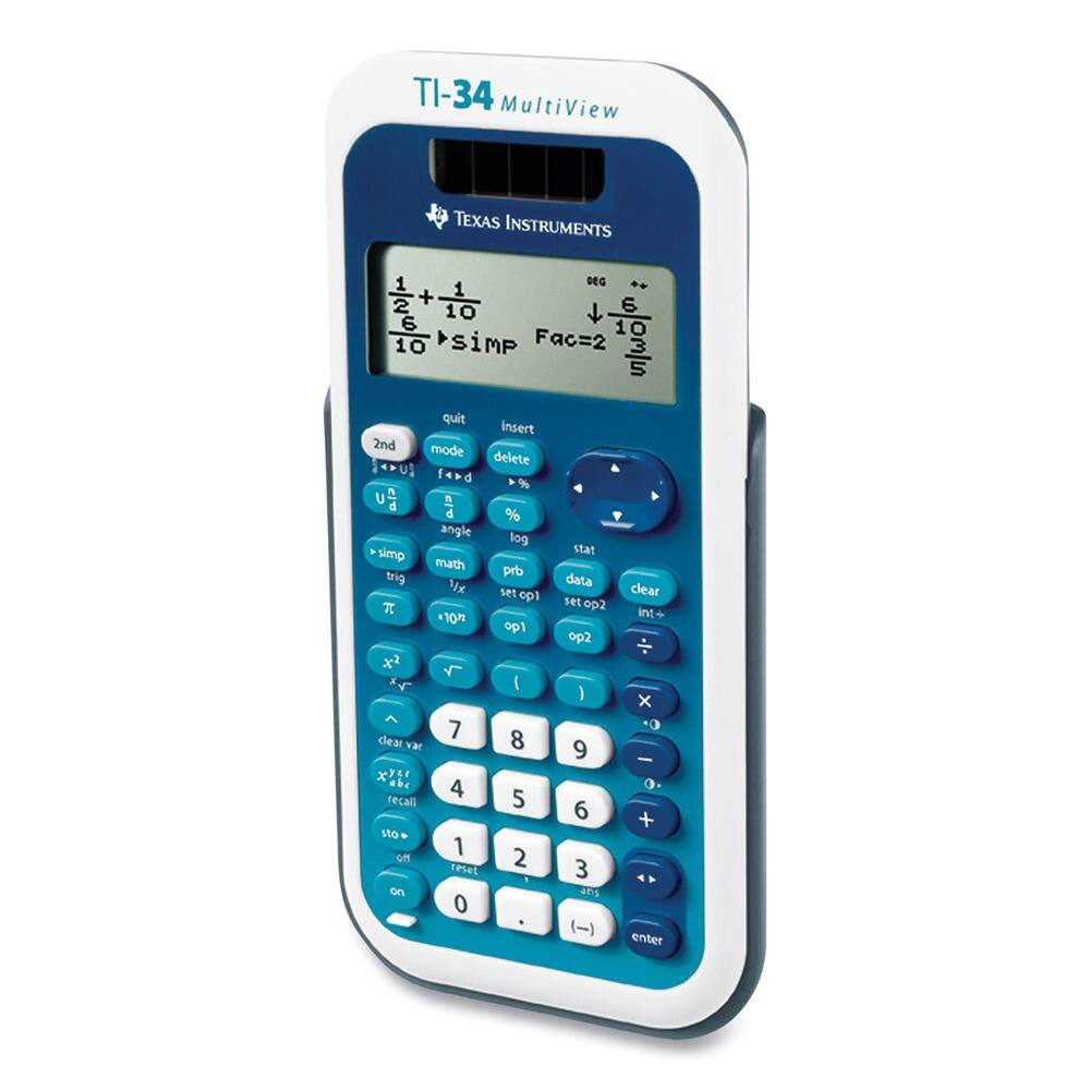 TI-34 MultiView  
TEXAS INSTRUMENTS  
DEG  
1/2 + 1/10  
10^x SIMP  
FAC=2  

quit insert 2nd mode delete u fard 1 d % U A d d % angle log simp stat math prb trig data M 5et clear op1 set op2 *10" int+ - op1 op2 dear var x s abe recall sto of on 7 4 1 tesel 0 1 8 5 2 9 6 3 ans (-) x 10 - o. + enter
