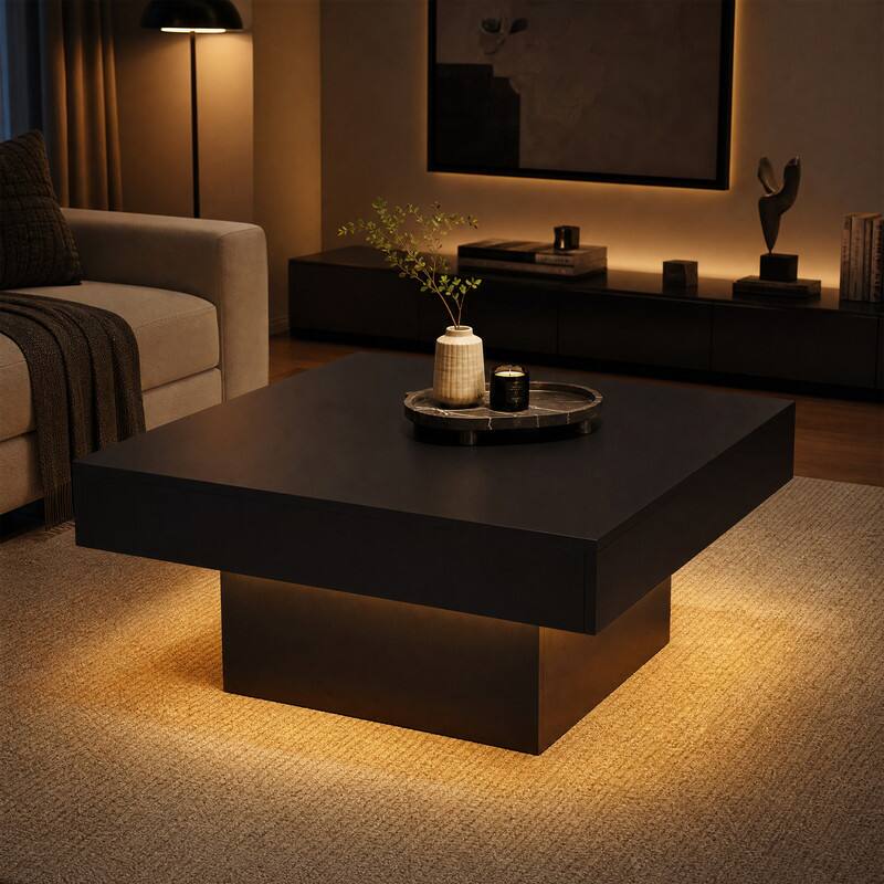 Alt View 3. WELLFOR - 35.5" Square Coffee Table with LED Lights and Dynamic Modes, Modern Thick Tabletop Wooden Center Table - Black.
