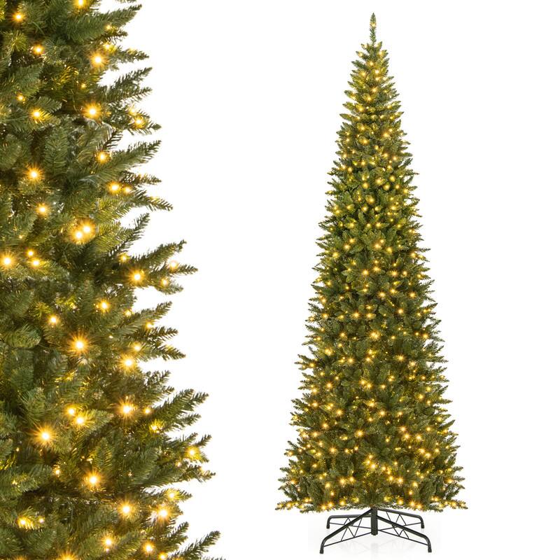 Angle. WELLFOR - 12ft Pre‑lit Hinged Pencil Artificial Christmas Tree with 2125 Branch Tips & 800 Warm White LED Lights, Large Xmas Tree - Green.