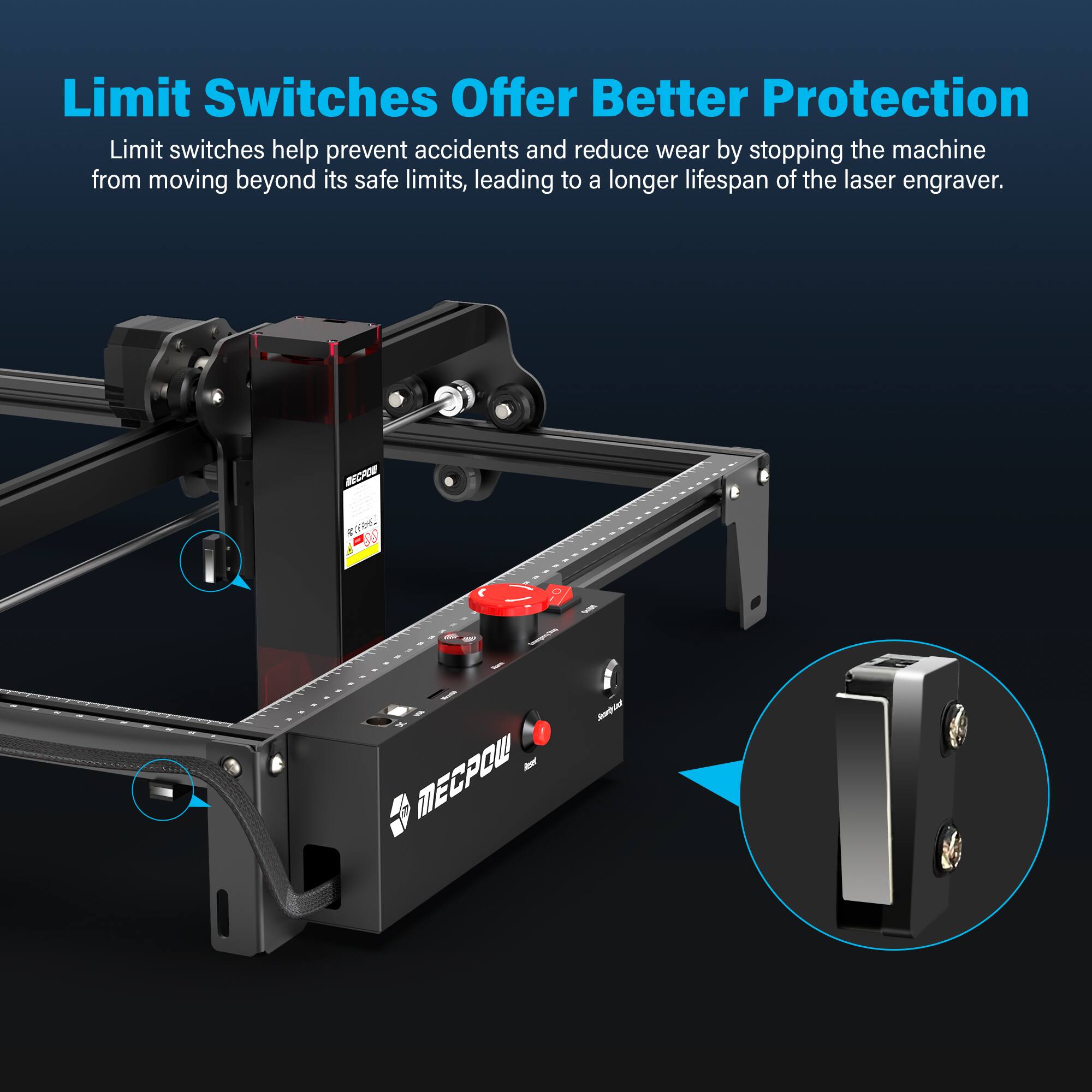 Limit Switches Offer Better Protection: Limit switches help prevent accidents and reduce wear by stopping the machine from moving beyond its safe limits, leading to a longer lifespan of the laser engraver.