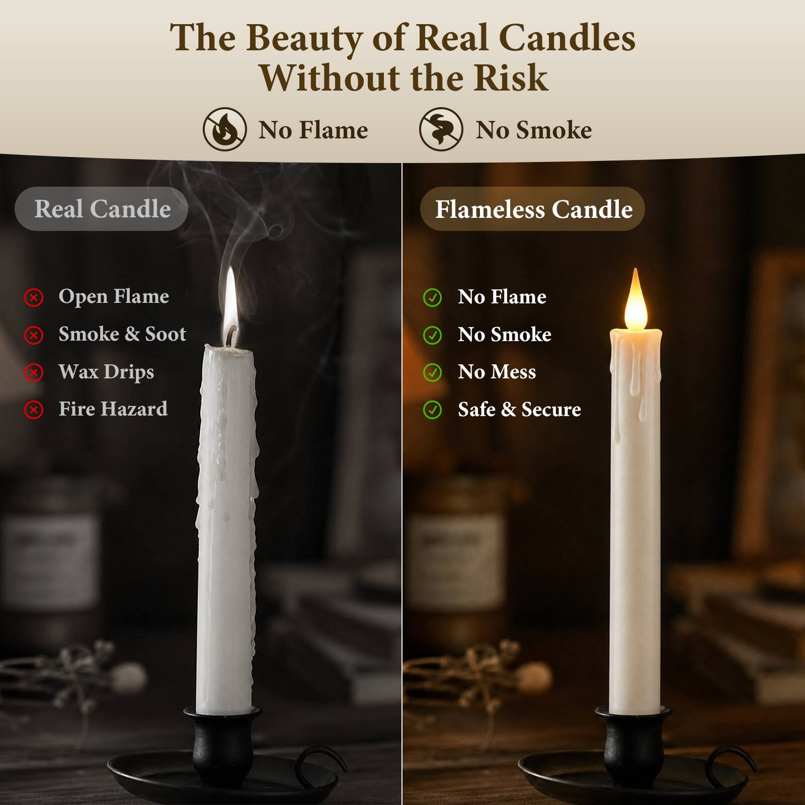 The Beauty of Real Candles Without the Risk

No Flame
No Smoke

Real Candle
- Open Flame
- Smoke & Soot
- Wax Drips
- Fire Hazard

Flameless Candle
- No Flame
- No Smoke
- No Mess
- Safe & Secure