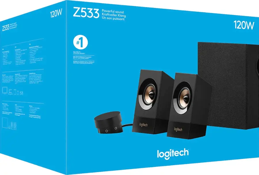 The text on the image reads: "Z533 Powerful sound 120W Kraftvoller Klang son puissant #1 SELLING SPEAKER BRAND" 120W DE MERKE IE PC AUTSPRECHERN MARQUE LEADEES s 1 MRCHE DES MALE PARLELAS POUR R E01x logitlech logilech logitech.