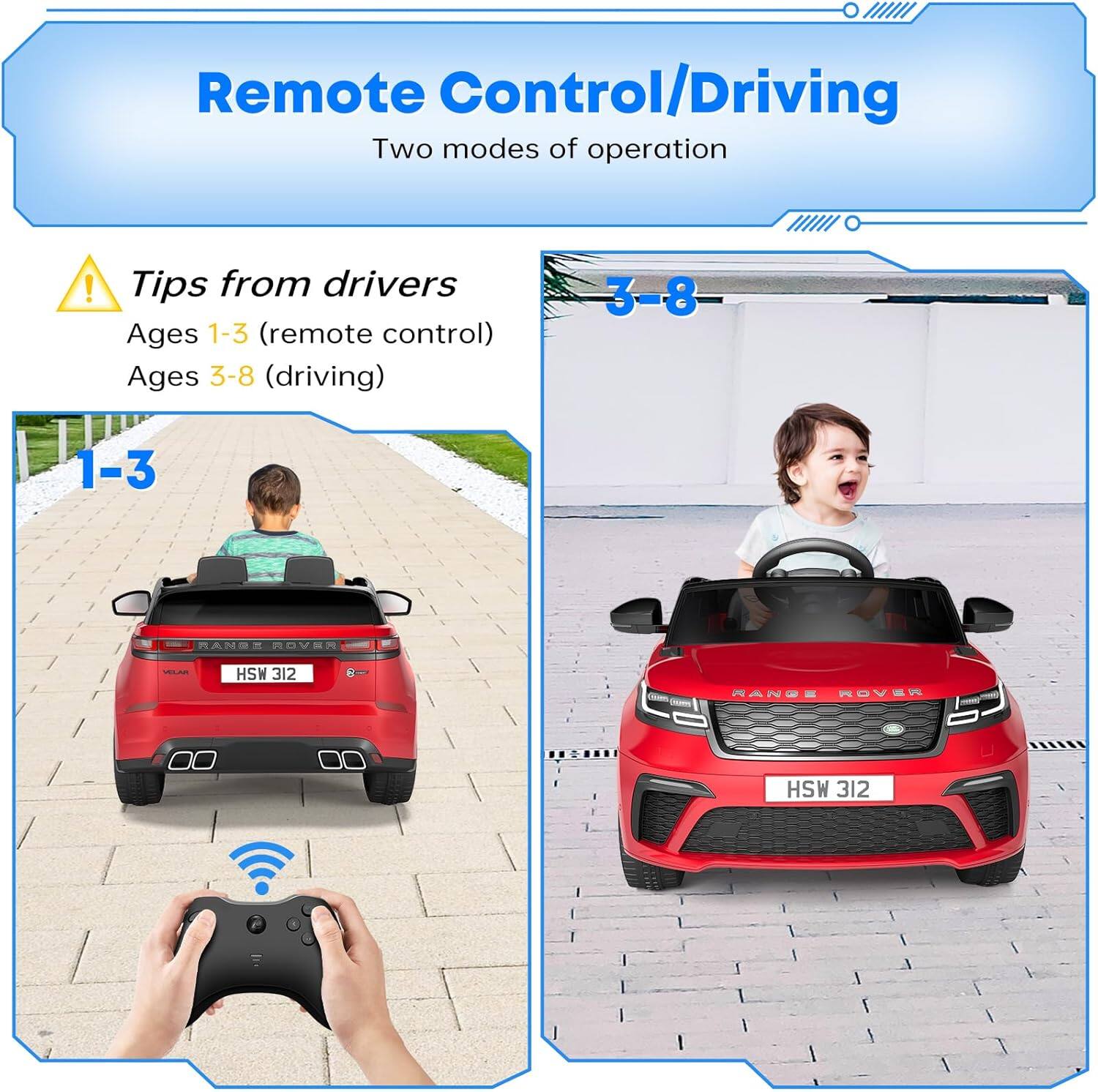 Remote Control/Driving  
Two modes of operation  

Tips from drivers  
Ages 1-3 (remote control)  
Ages 3-8 (driving)  

1-3  
HSW 312  

3-8  
HSW 312