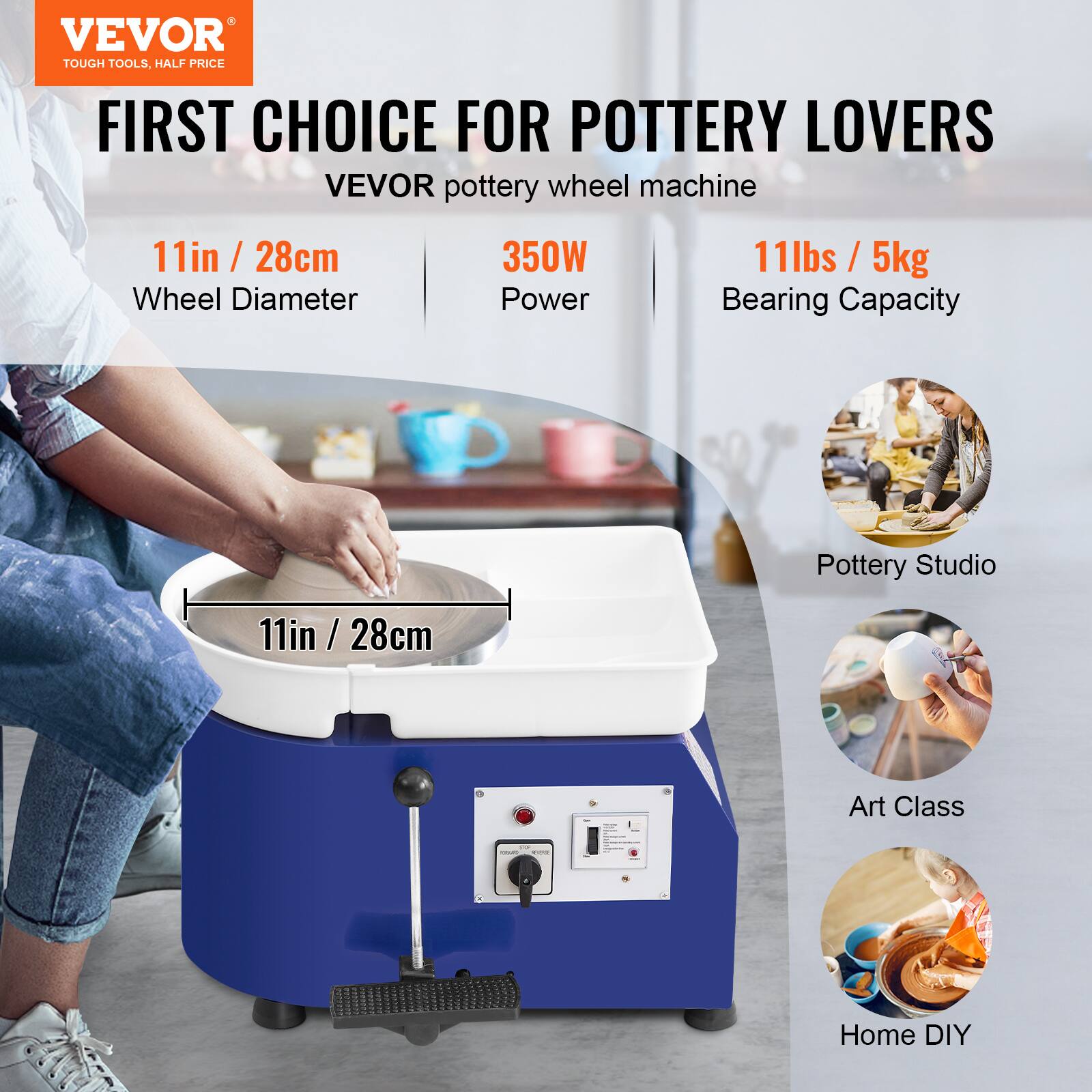 VEVOR TOUGH TOOLS. HALF PRICE FIRST CHOICE FOR POTTERY LOVERS
VEVOR pottery wheel machine
11in / 28cm Wheel Diameter
350W Power
11lbs / 5kg Bearing Capacity
Pottery Studio
Art Class
Home DIY