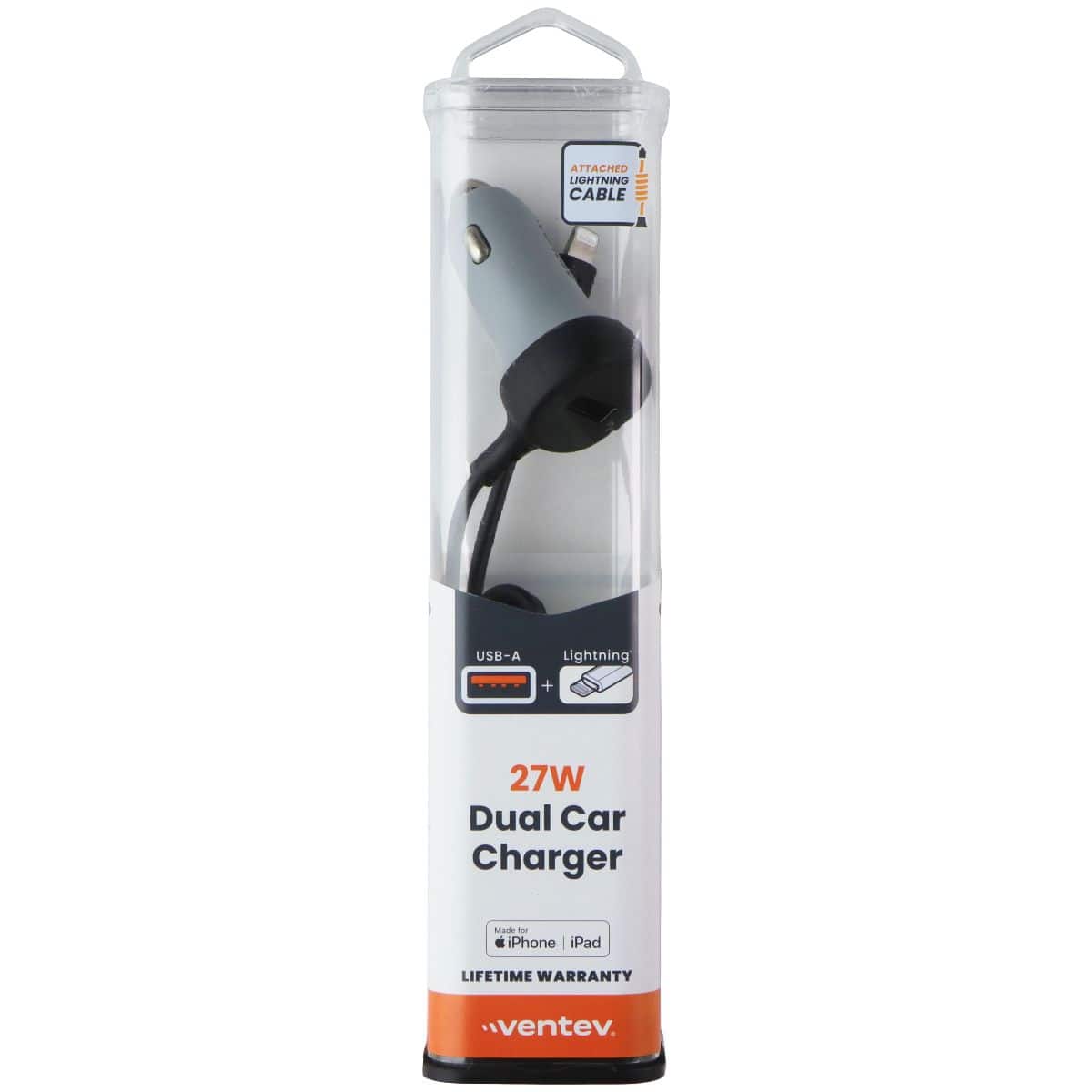 Ventev- 27W Dual Ultra Fast USB-A Car Charger with Integrated 8-Pin Cable- Gray