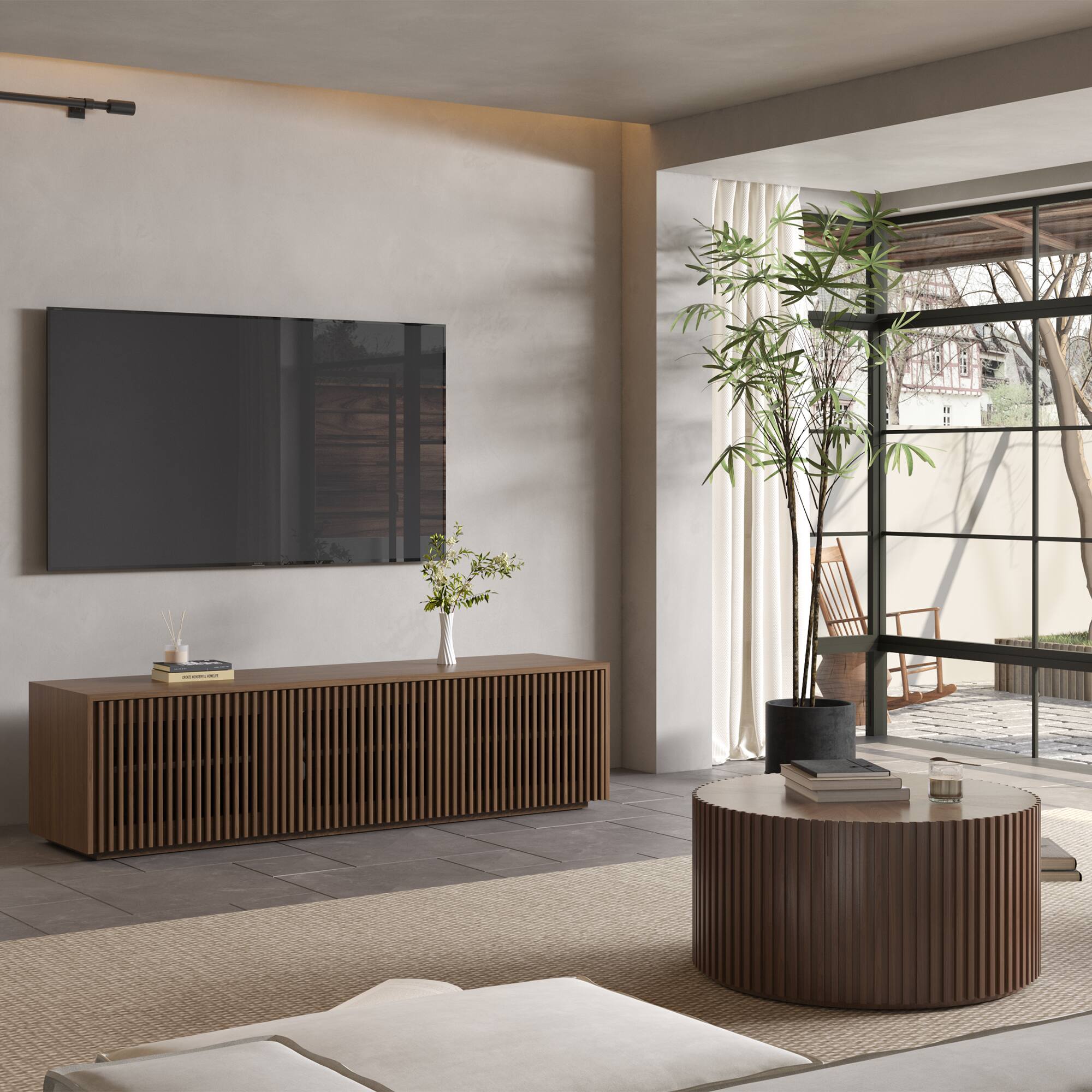 Left. POVISON - 71" Modern Wood TV Stand, Minimalist Slatted Entertainment Center,Fully-Assembled, Perfect for 65-inch TVs - Walnut Color.