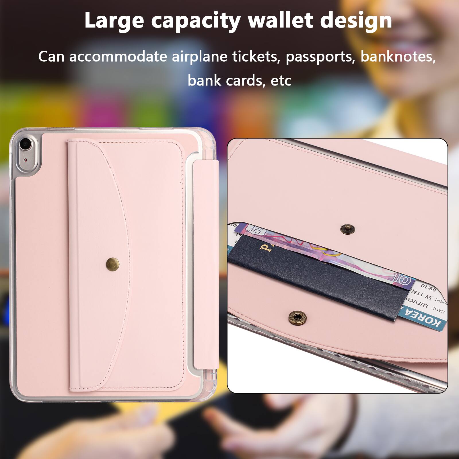 Large capacity wallet design  
Can accommodate airplane tickets, passports, banknotes, bank cards, etc