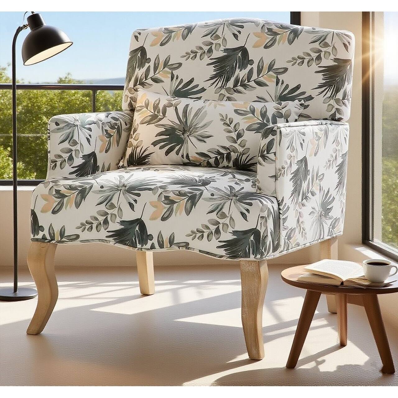 Angle. U-HOMY - Mid-Century Accent Chair with Floral Fabric, Solid Wood Frame & High-Resilience Foam for Living Room - Green.