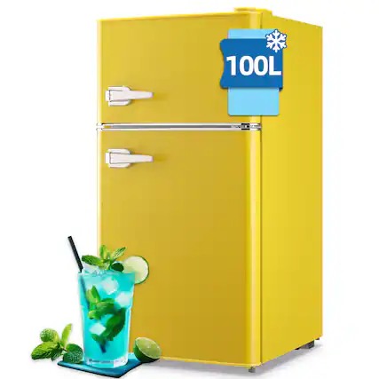 Front. WANAI - 3.5 Cu.Ft Retro Mini Fridge with Top Freezer, Dual Door Refrigerator with Handles - YELLOW.