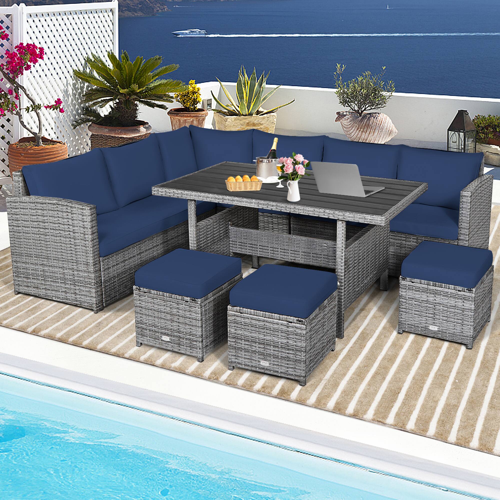 Alt View 3. Gymax - Gymax 7PCS Rattan Patio Sectional Sofa Set Conversation Set w/ Navy Cushions - Navy.