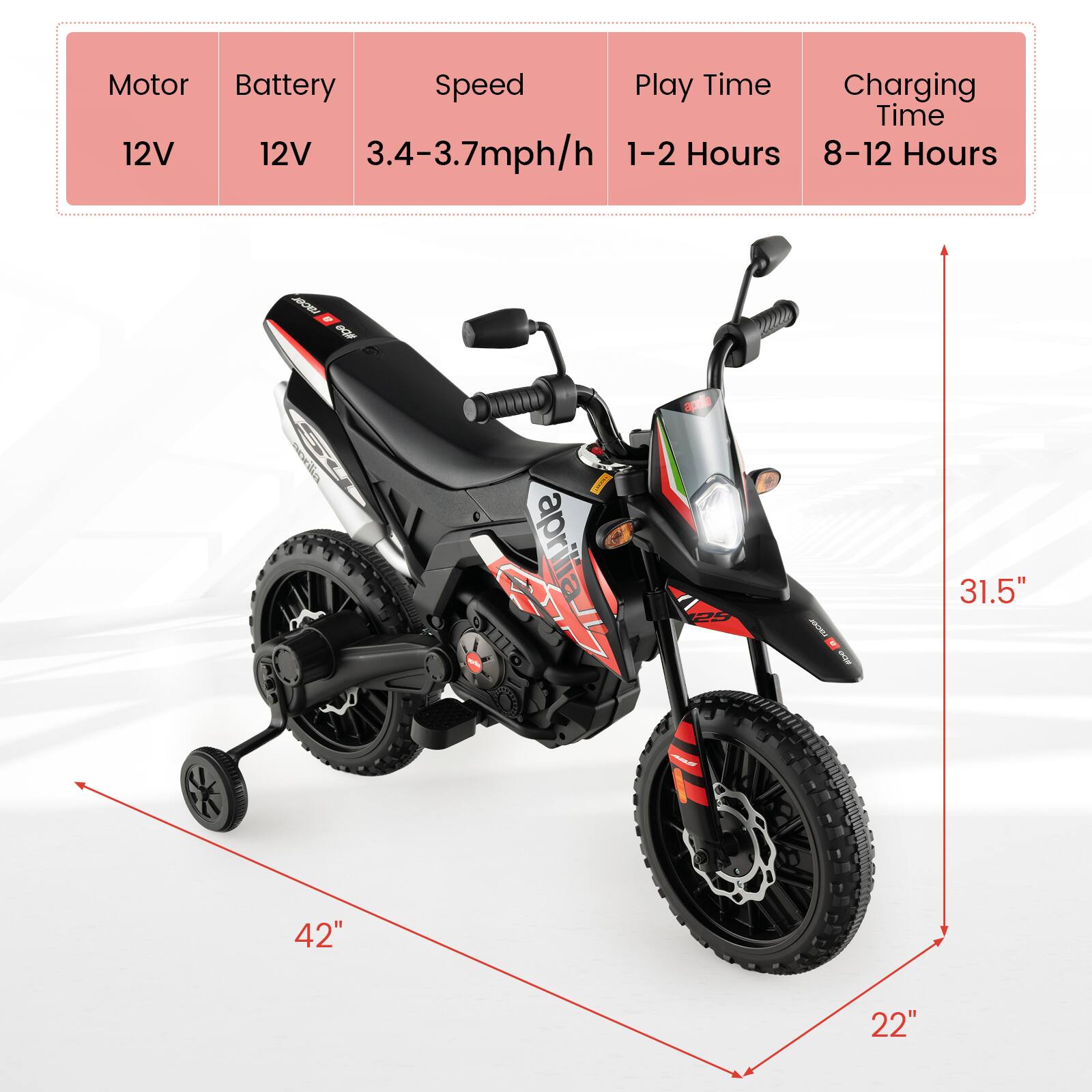 Motor: 12V  
Battery: 12V  
Speed: 3.4-3.7mph/h  
Play Time: 1-2 Hours  
Charging Time: 8-12 Hours  

Dimensions:  
- Length: 42"  
- Width: 22"  
- Height: 31.5"