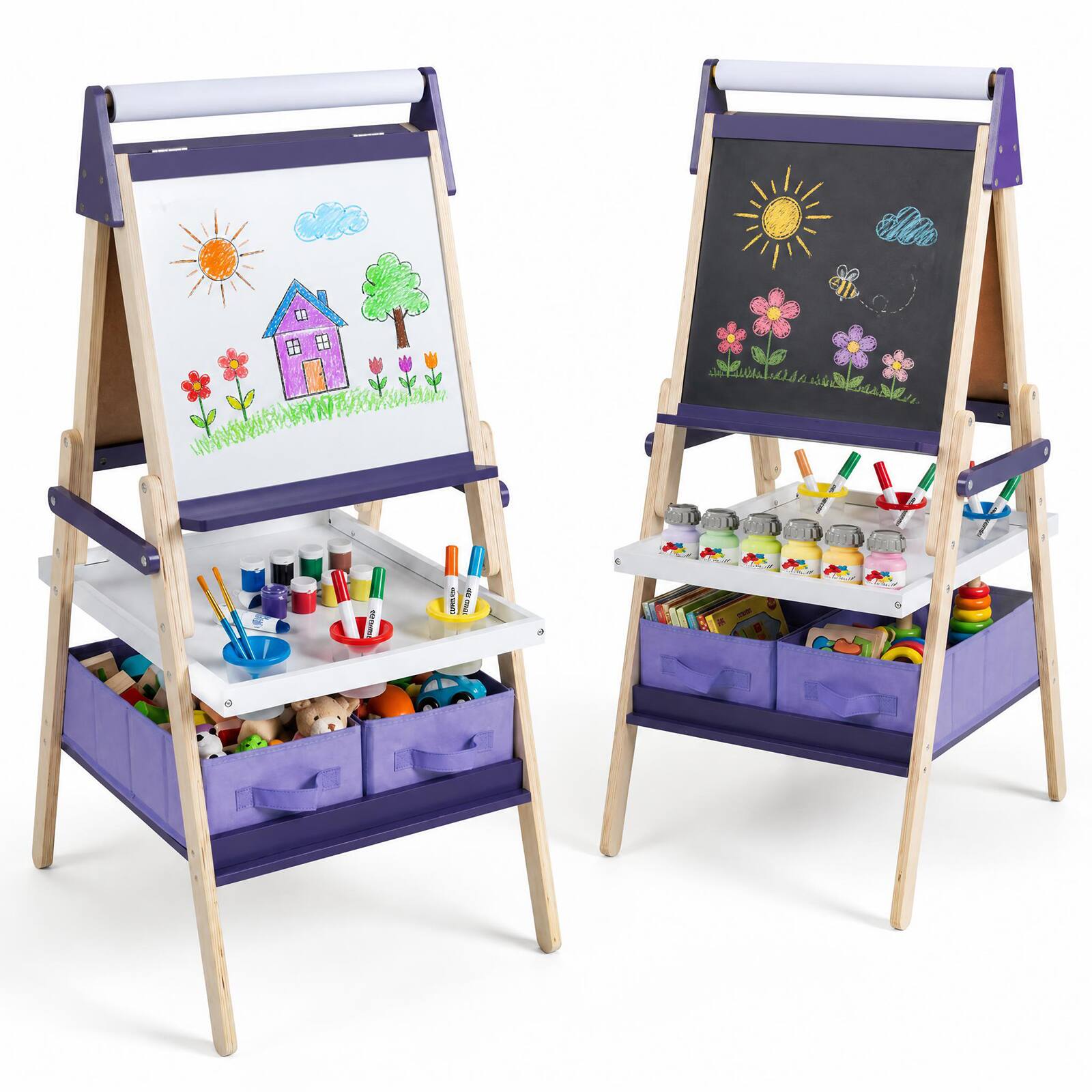 Front. Costway - Costway Easel for Kid, Double-sided Kids Easel with Magnetic Whiteboard & Chalkboard - Purple.