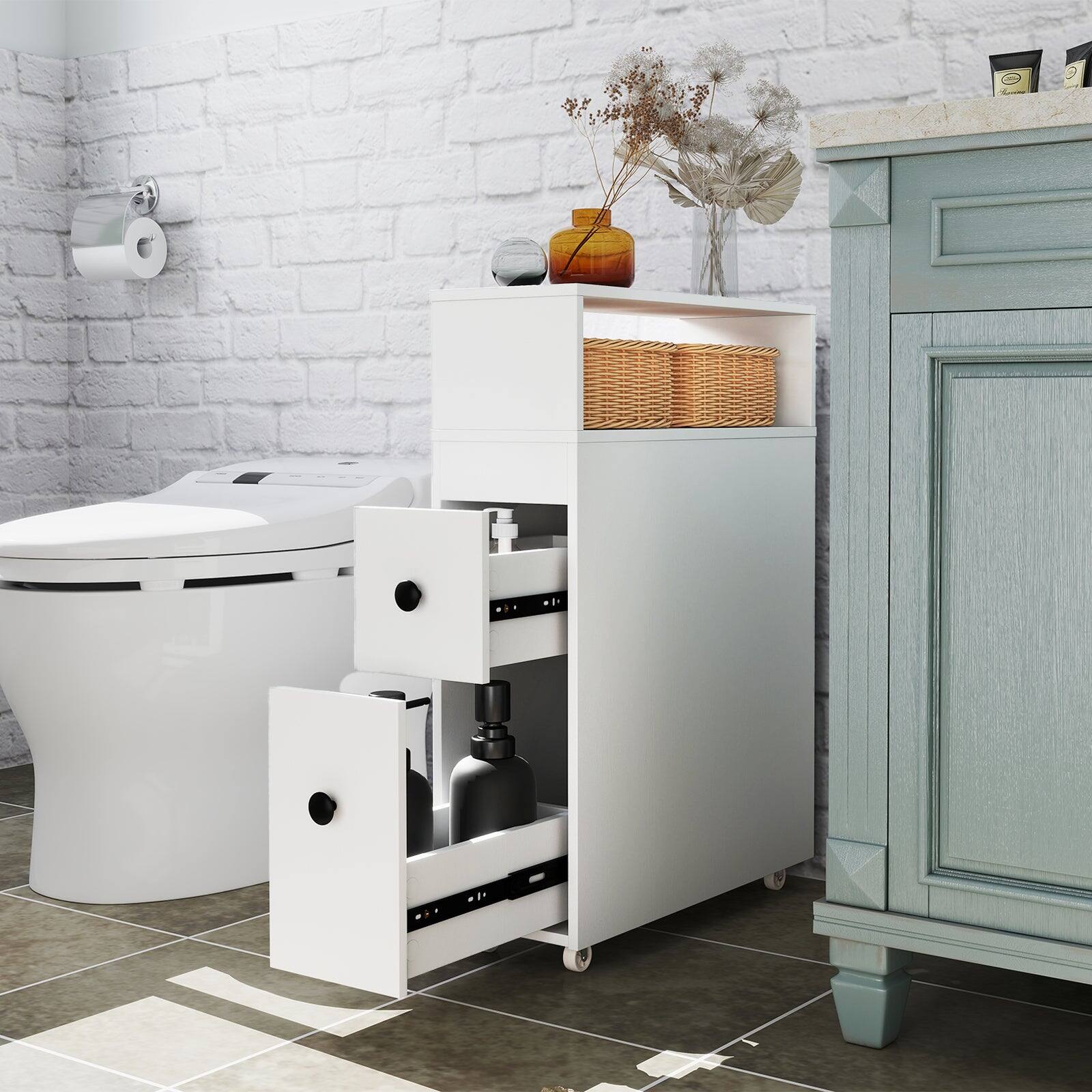 Alt View 4. Boyel Living - White Slim Bathroom Cabinet Wooden Toilet Organizer with Deep Slide Out Drawers - White.