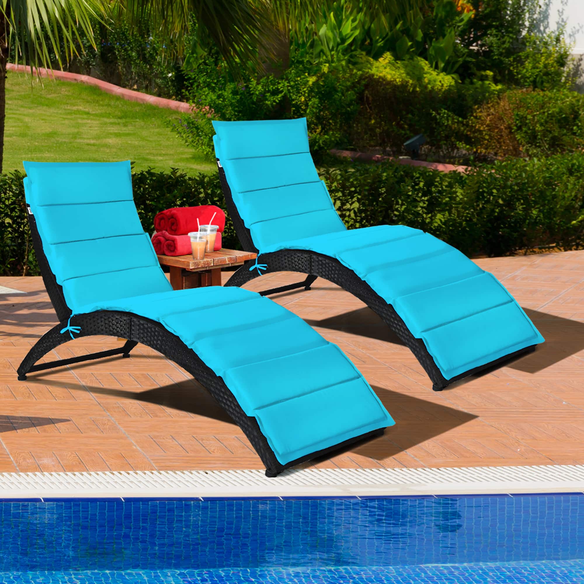 Gymax - 2PCS Foldable Rattan Wicker Chaise Lounge Chair w/ Turquoise Cushion Patio Outdoor - Black