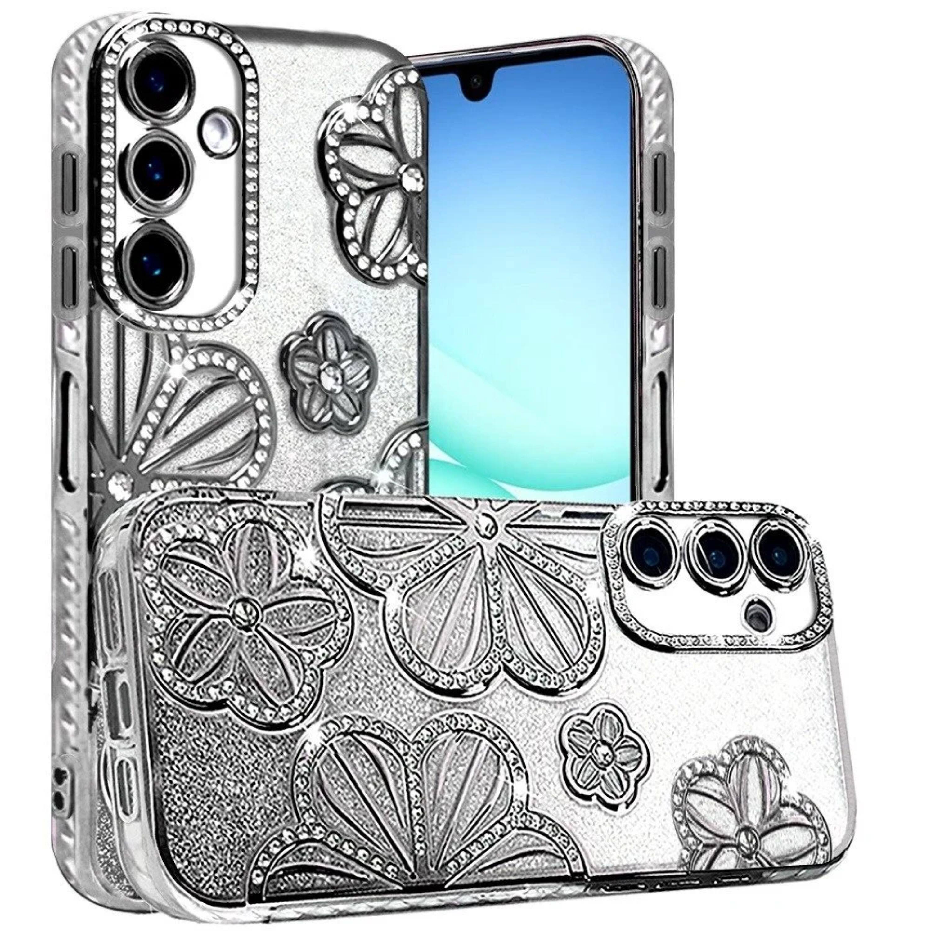 Angle. Kitcheniva - Bling Floral 3D Glitter Phone Cover Plus Tempered Glass For Samsung A17 5G Black - Black.