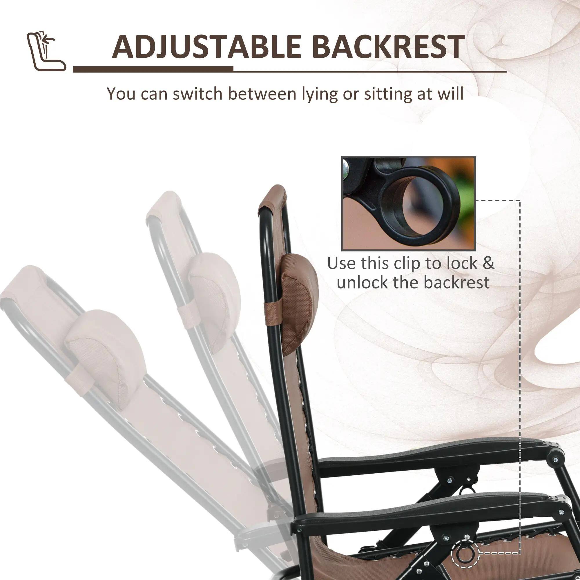 ADJUSTABLE BACKREST  
You can switch between lying or sitting at will  

Use this clip to lock & unlock the backrest