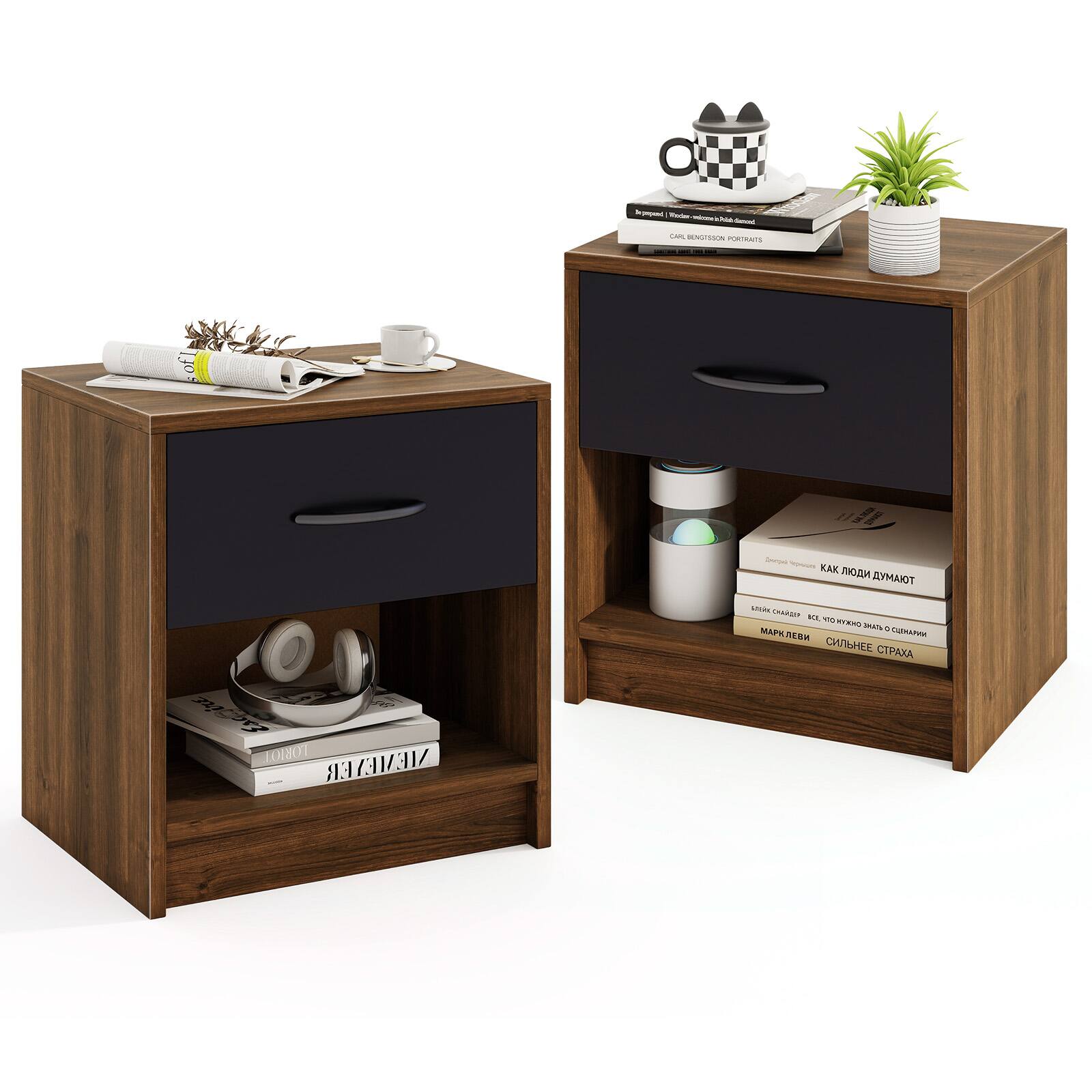 Gymax - 2 PCS Nightstand w/ Drawer Side Table w/ Slide-out Drawer Open Storage Shelf - Brown