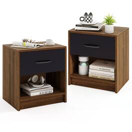 Gymax - 2 PCS Nightstand w/ Drawer Side Table w/ Slide-out Drawer Open Storage Shelf - Brown
