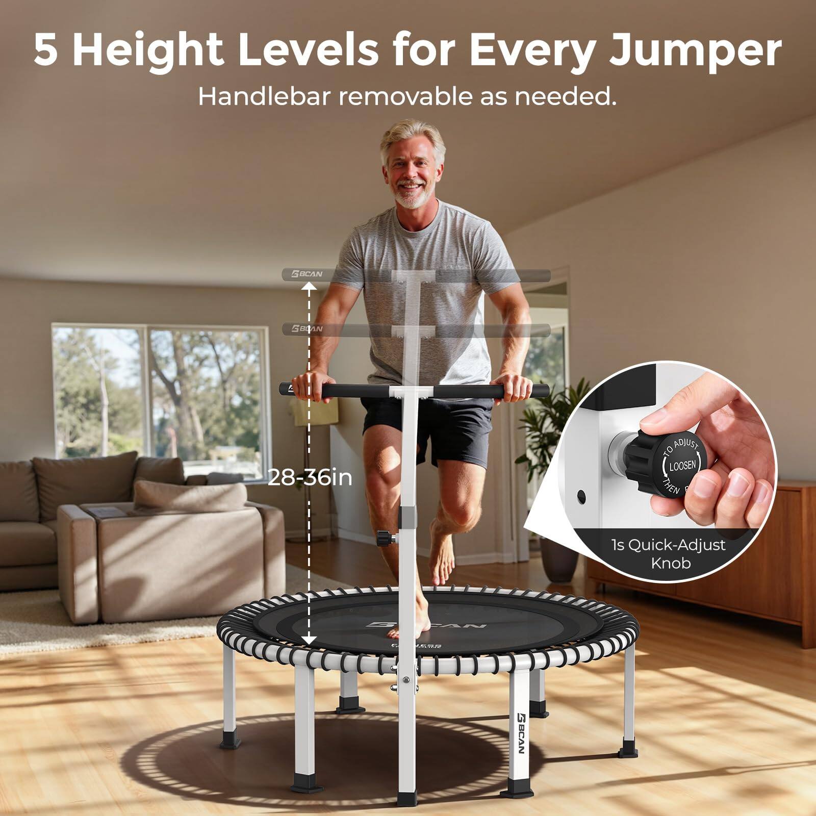 5 Height Levels for Every Jumper  
Handlebar removable as needed.  

SOCAN SolAN 5  
28-36in  

ADIUST TO LOOSEN  
TVEN 1 Quick-Adjust Knob  

Is Quick-Adjust Knob