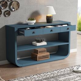 Whisen - Modern Curved Console Table with 3 Soft-Close Drawers & 2 Shelves, Solid Wood Entryway Table - Blue
