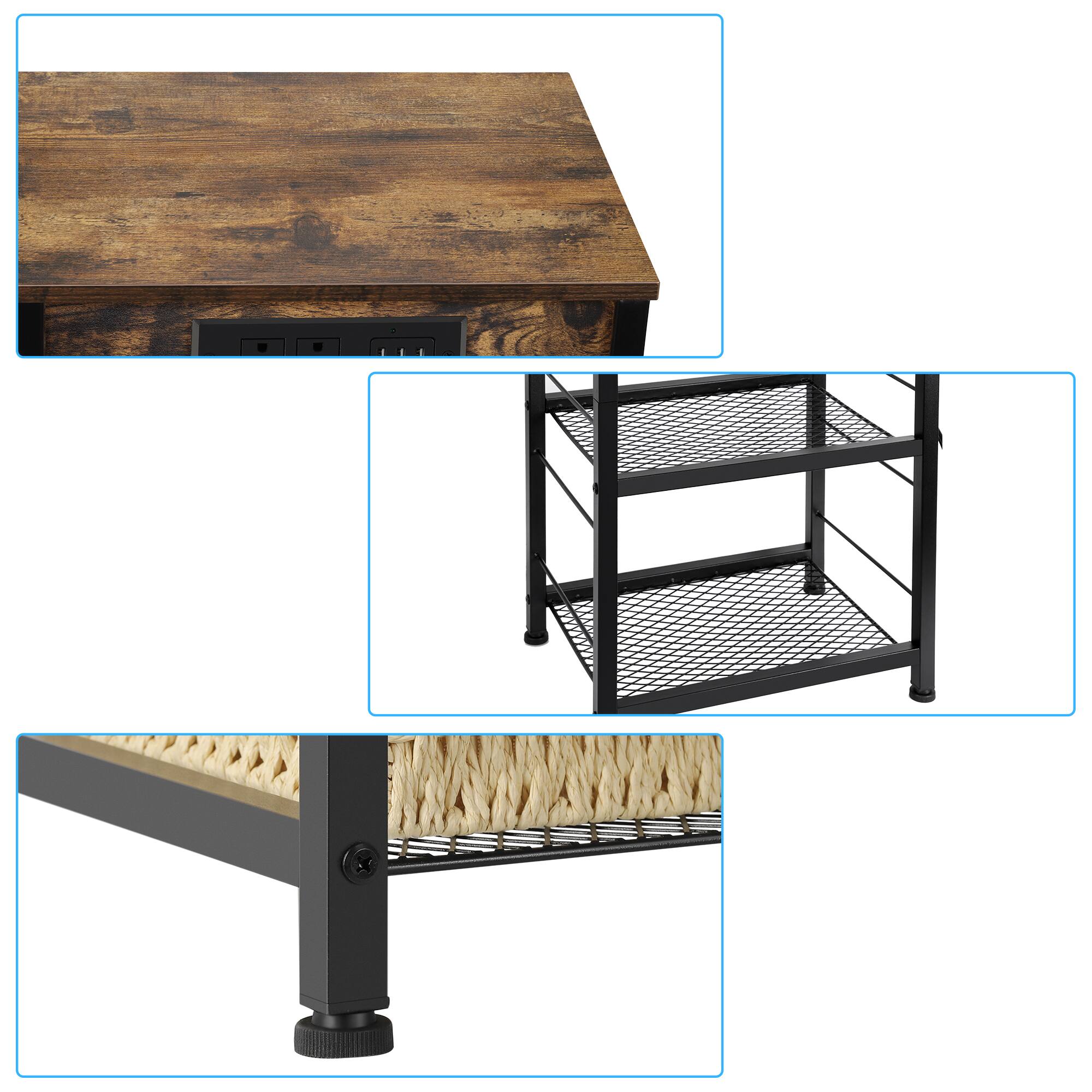 Left. Oumilen - Rustic Brown Nightstand with Charging Station, 3-Tier Industrial End Table - Rustic Brown.