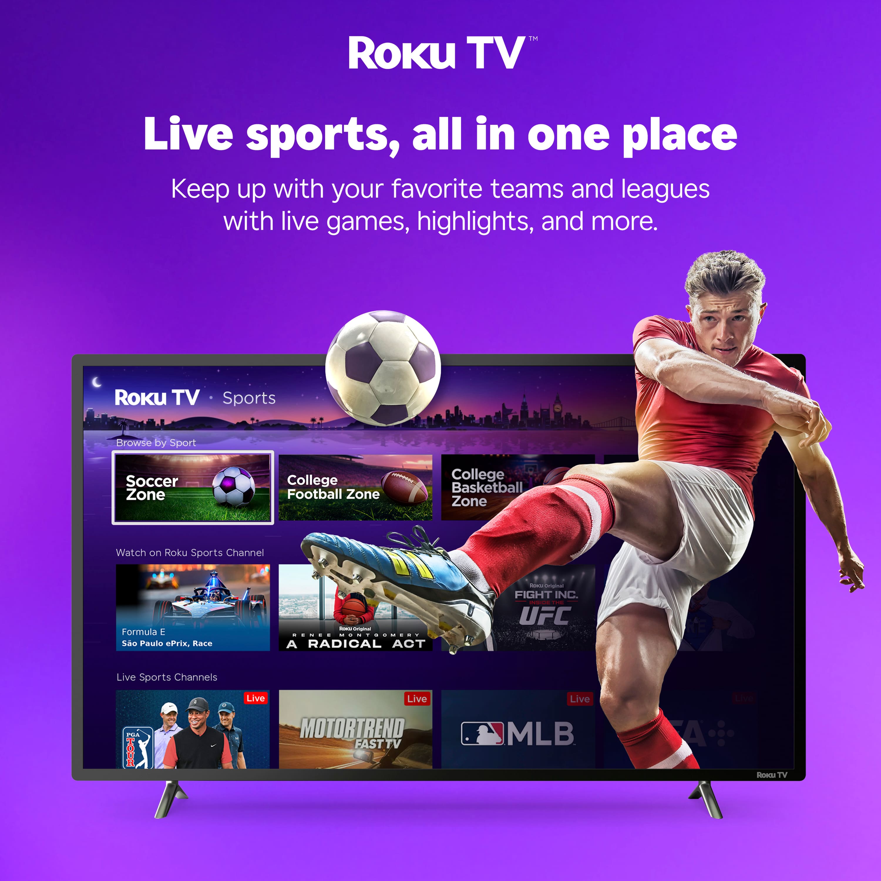 The text on the image is grouped and corrected as follows:
"Roku TV Live sports, all in one place. Keep up with your favorite teams and leagues with live games, highlights, and more. Roku TV Sports. Browse by Sport: Soccer Zone, College Football Zone, College Basketball Zone. Watch on Roku Sports Channel: Formula E So Paulo Prix. Race - ... .-. < ... > A Radical AOT - I FIGHT NC: UFC. Live Sports Channels: Live MOTORTREND FAST TV, Live MLB."